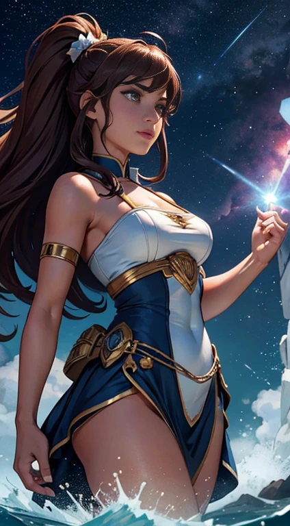 long straight brown hair ,lightbrown eyes,Caucasian skin,and with 1,60 tall,with crystal powers and in crystal clothes
