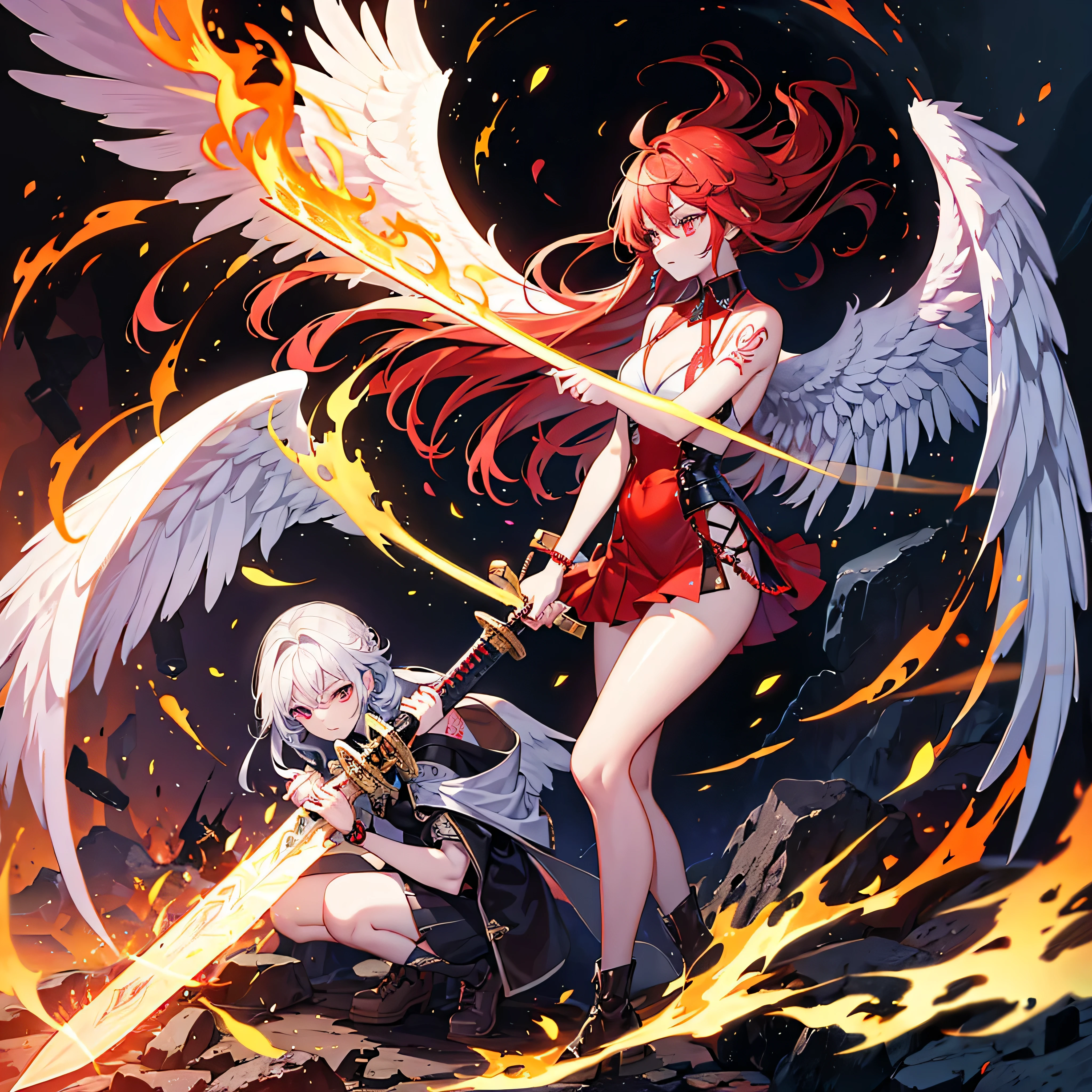 beautiful angel fighting with demon, tattoo, fire, sword