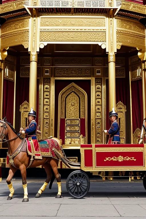 Create image showing a majestic entrance with a pair of Asian men and women standing guard, dressed in traditional attire adorned with golden ornaments and holding ceremonial spears. The entrance is flanked by two large horses or horse-drawn carriages, with a grand, ornate door in the background. The atmosphere is one of grandeur and preparation for a grand battle or procession.