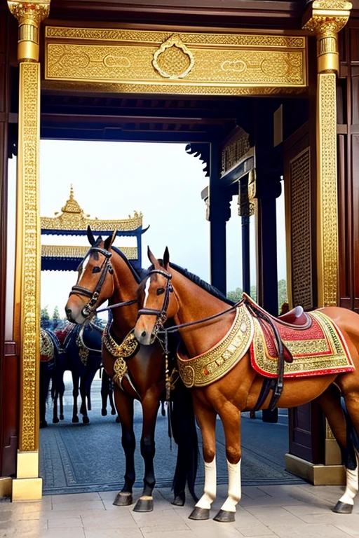 Create image showing a majestic entrance with a pair of Asian men and women standing guard, dressed in traditional attire adorned with golden ornaments and holding ceremonial spears. The entrance is flanked by two large horses or horse-drawn carriages, with a grand, ornate door in the background. The atmosphere is one of grandeur and preparation for a grand battle or procession.