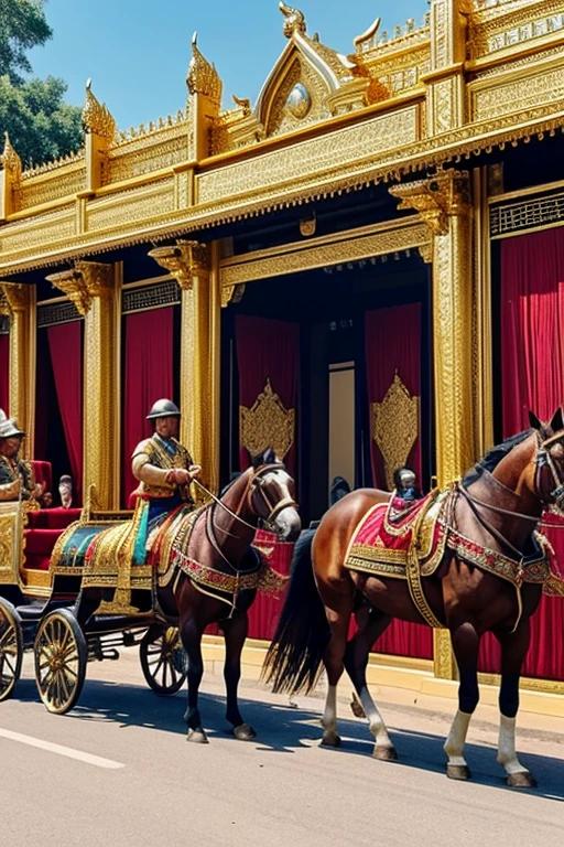 Create image showing a majestic entrance with a pair of Asian men and women standing guard, dressed in traditional attire adorned with golden ornaments and holding ceremonial spears. The entrance is flanked by two large horses or horse-drawn carriages, with a grand, ornate door in the background. The atmosphere is one of grandeur and preparation for a grand battle or procession.