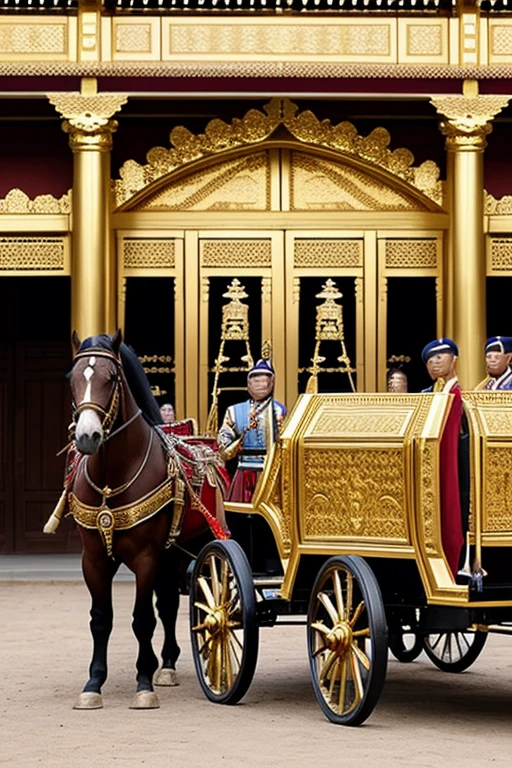 Create image showing a majestic entrance with a pair of Asian men and women standing guard, dressed in traditional attire adorned with golden ornaments and holding ceremonial spears. The entrance is flanked by two large horses or horse-drawn carriages, with a grand, ornate door in the background. The atmosphere is one of grandeur and preparation for a grand battle or procession.