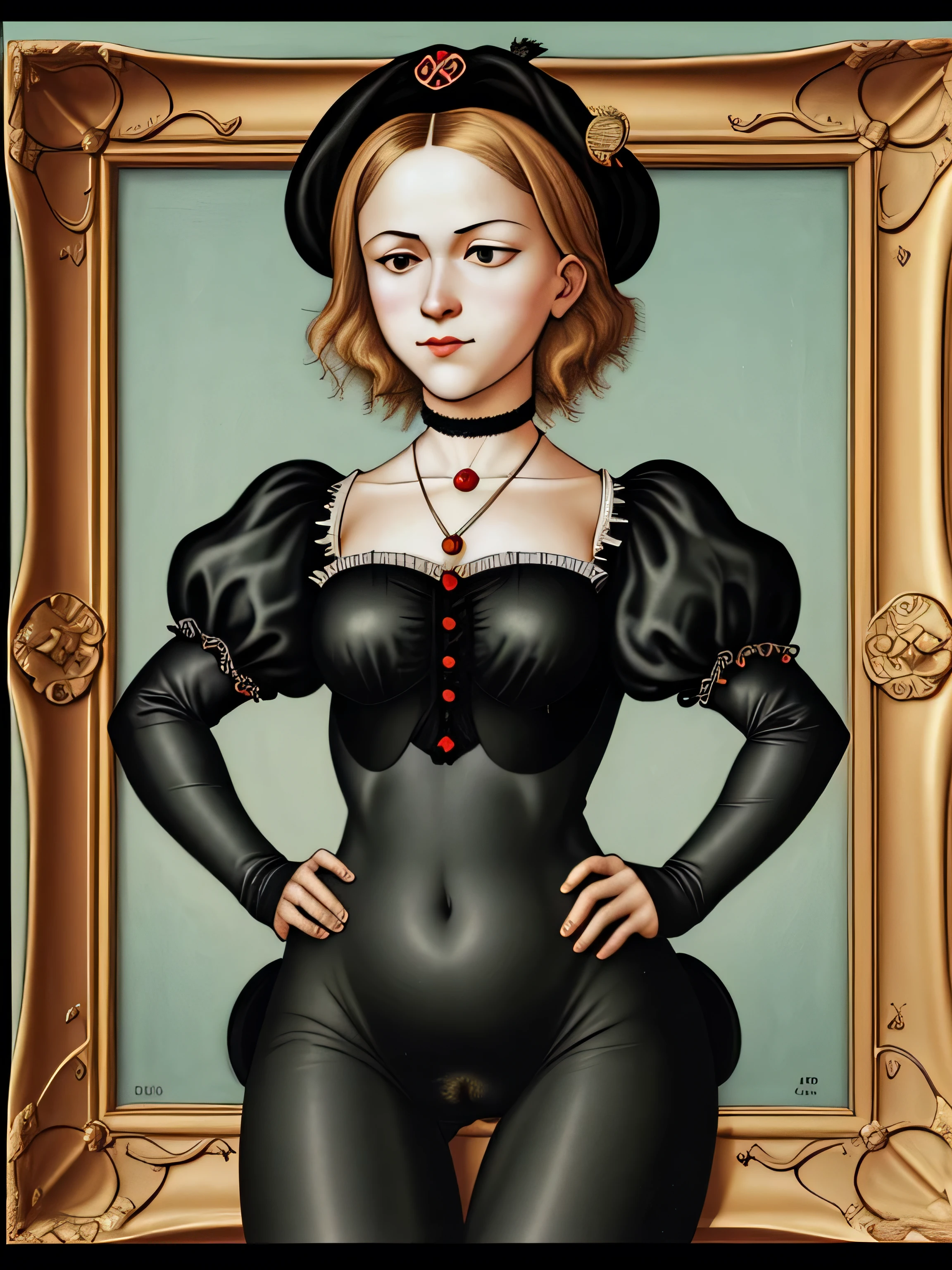 A perfect copy of Lucas Cranach&#39;s painting style, A woman in gym clothes kneeling, high resolution, high quality, masterpiece, no frame