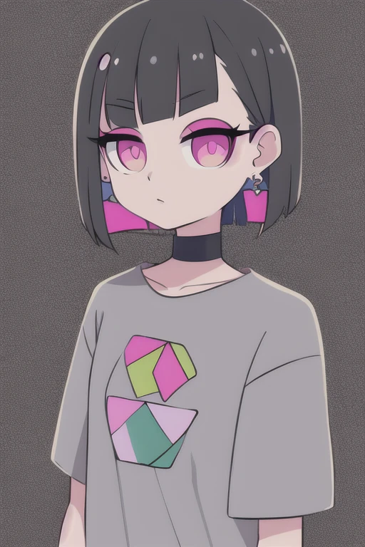 pink eyes, nirachan, earrings, bob cut, grey shirt,
standing, upper body, pattern on shirt,
 (high quality:1.1), (high resolution:1.1), 4k, 1girl, blindfolded