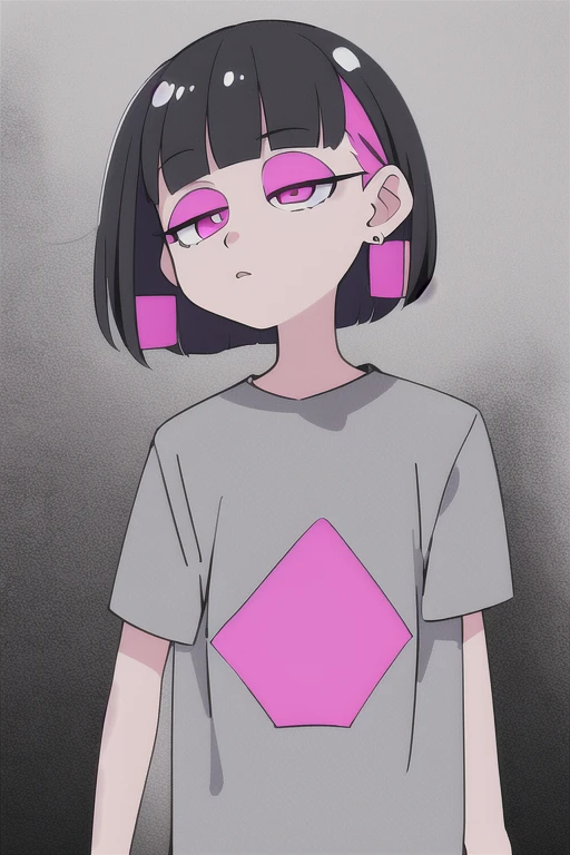 pink eyes, nirachan, earrings, bob cut, grey shirt,
standing, upper body, pattern on shirt,
 (high quality:1.1), (high resolution:1.1), 4k, 1girl, blindfolded