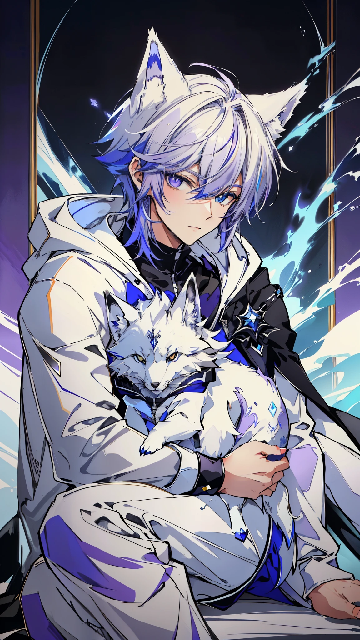 masterpiece, high quality, (((detailed face))), (((defined eyes))), detailed eyes, a close up of a male holding a white fox in their arms, white fox anime, white - haired fox, (((white hoodie with black fur))), (((black joggers))), short emo hair, (((anime emo hair))), (((sitting in a void with purple and blues))), vampire white fox, high quality anime artstyle,