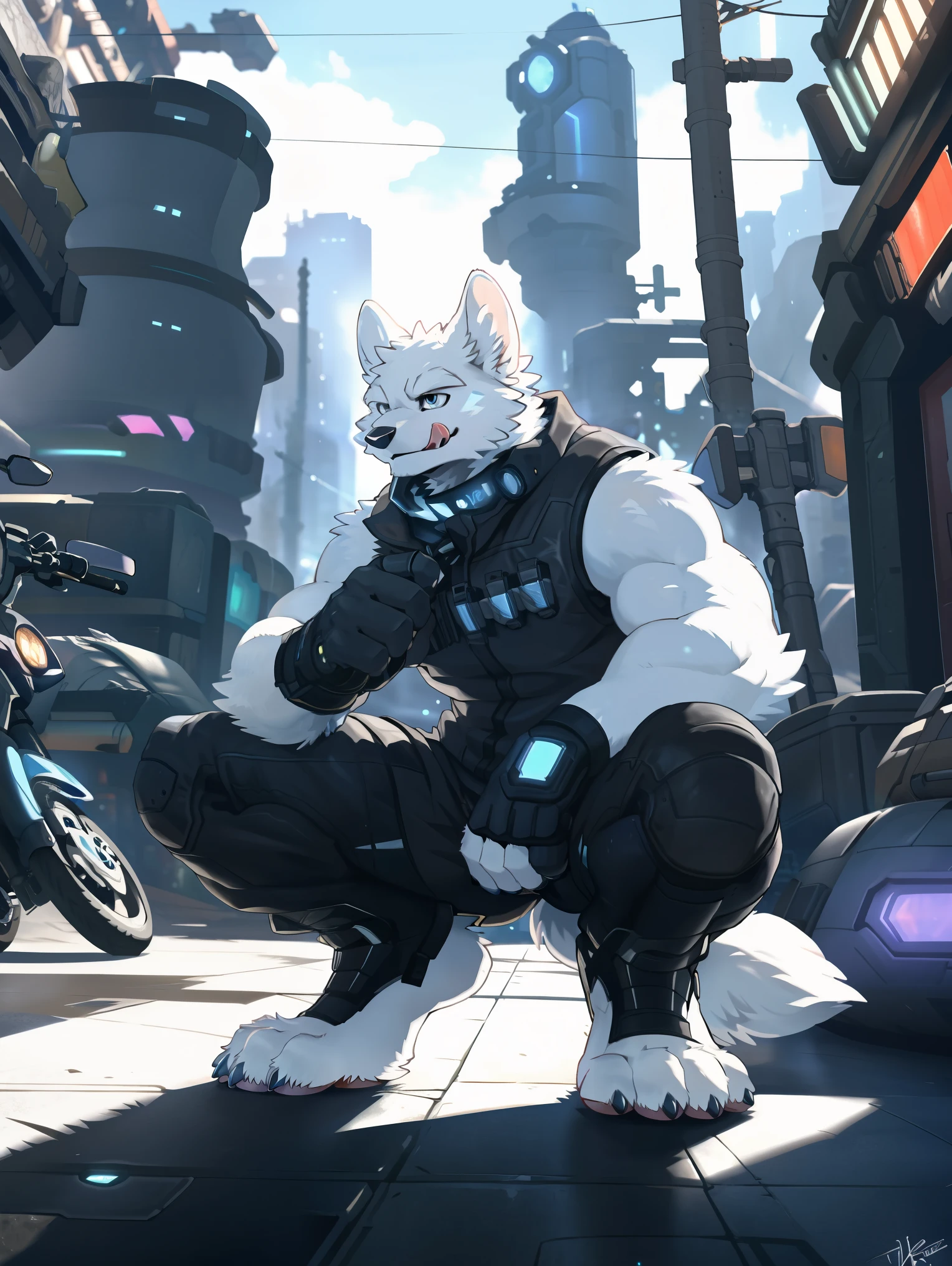 ((all white fur:1.5)), solo, Perfect sky blue eyes, Spike Collar, (artist:Takemoto Arashi), Mature face, elder, longeyelashes, Wearing actical functional work colthing|Black pants, ((Thin and tall figure)), Crouching next to the motorcycle, city wall background, barefoot, fang out, Smile evilly, (Cyberpunk:1.5), oral invitation, local ruffian, rogue, maliciously, licking lips, There is a high-tech motorcycle next to the character., first-person view, from side, atmospheric perspective, super detail, high details, 8k