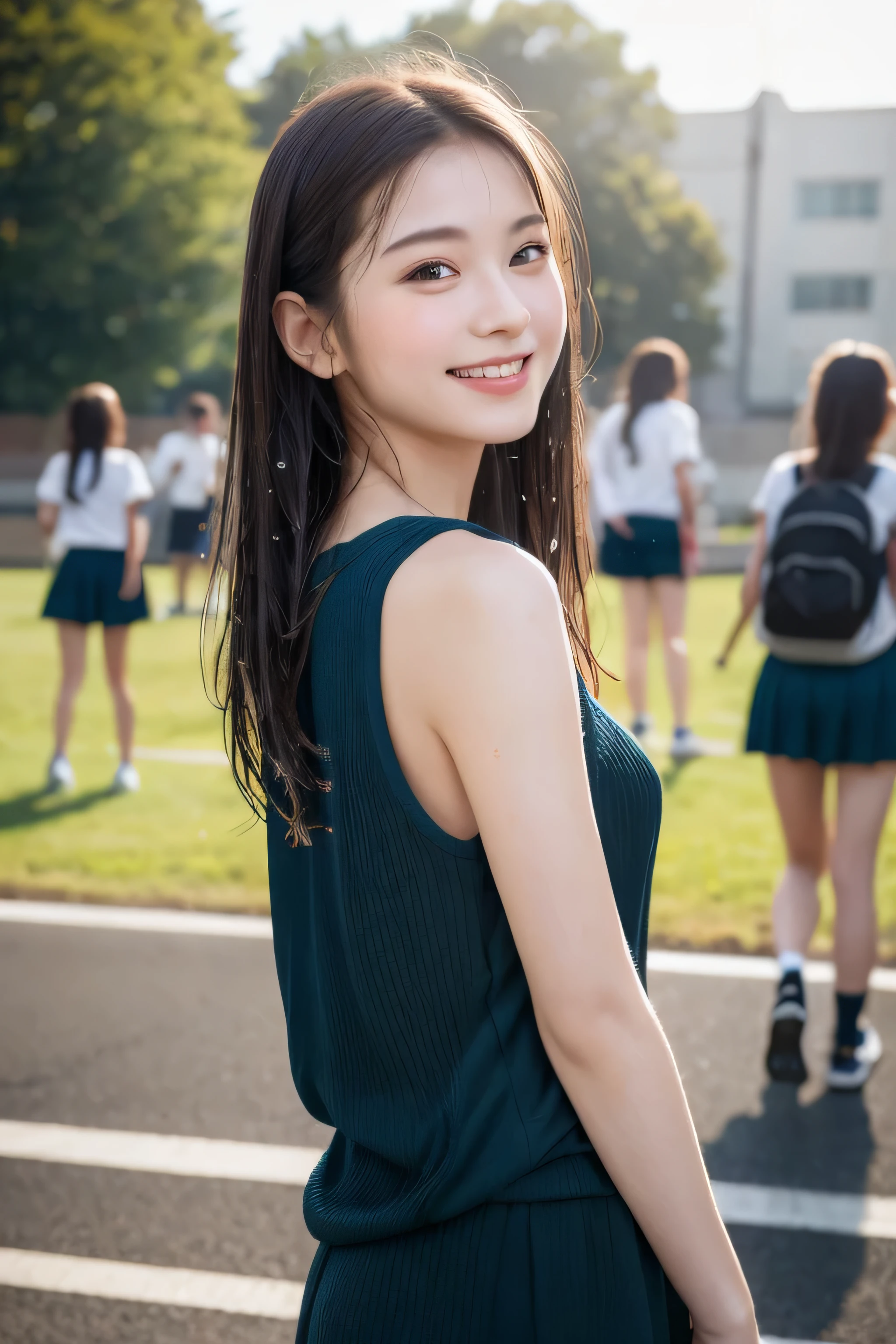 (8k、live-action、Raw photo、highest quality、masterpiece:1.2),(Outdoors),((Perfect lighting)),(Wet hair),Watching the audience,Sexy pose, cute smile,18-year-old,student,White skin,knees,Small Face,Part the front hair from the center、The forehead is visible,skinny,skinny)、masterpiece,highest quality、超A high resolution,one person, solo,Close-up shot、cute、Back to Students,(Sporty clothes:1.3),High school girl,Japanese women,(Photoreal:1.37)、Photon Mapping,Realistic、cuteSmall Face,Brown eyes、prospect、Depth of written boundary、Blurred Background、Real,(I can see the front hair), hair, I can see the knees, thigh,(Nogizaka Idol), actress、Big and ample breasts、Cleavage、Super fine、Low people、(Skin with visible pores:1.2)、(Focus on the face)、8 heads、Natural neck、Check and correct the skeleton