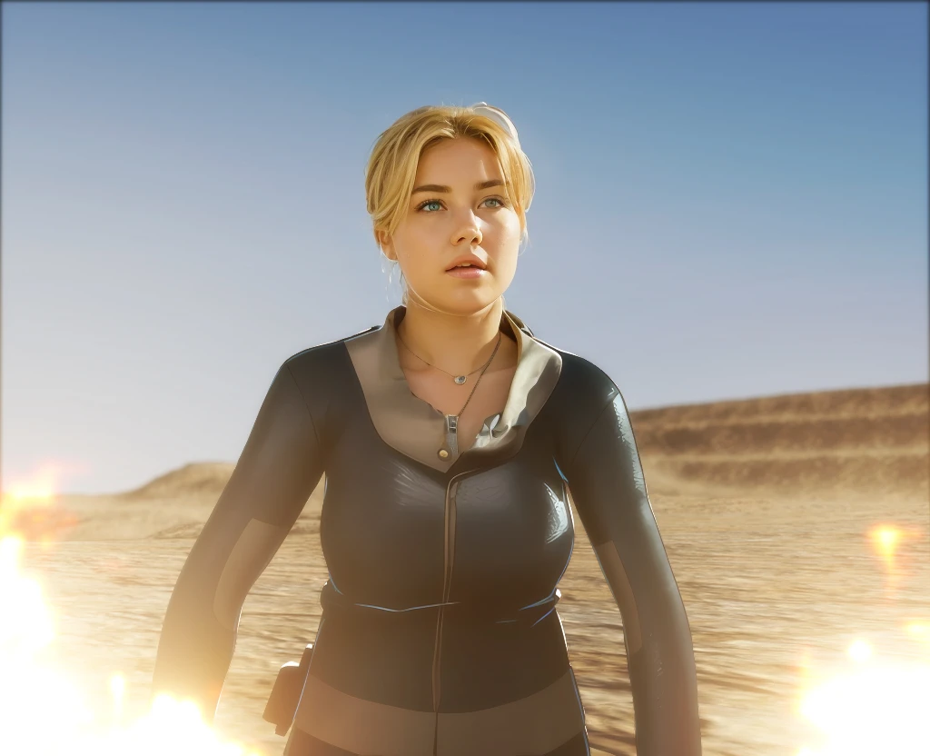 highly detailed and ultra-realistic portrait of a chubby young woman standing in a rugged, desert-like landscape. She has short, golden blonde hair. Her eyes are a vibrant green, expressive and piercing, with finely detailed eyelashes and eyebrows. She has a fair chubby complexion with subtle, natural skin texture and a slight blush on her cheeks. She is wearing a form-fitting, futuristic dark blue jumpsuit with a high collar and a front zipper, made of a textured, high-tech fabric that reflects the light subtly. 