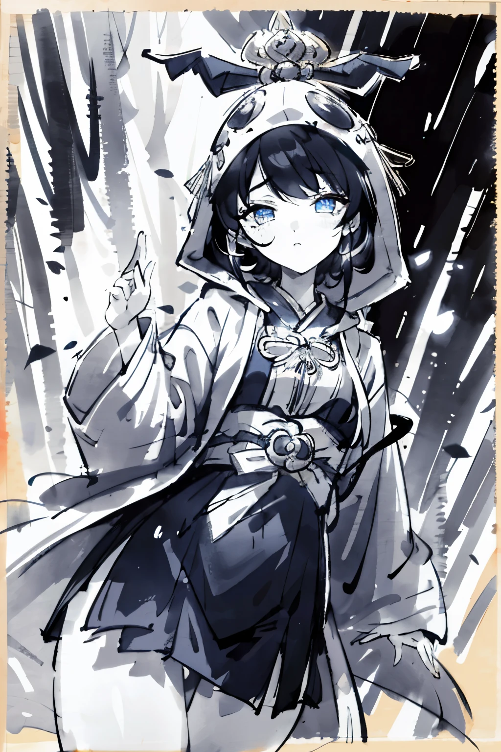 ((highest quality)), ((masterpiece)), (detailed), Monochrome、Black and White、One girl,Tall girls、 hoodie、hrine maiden、Wearing a hood、Talisman Hood、Bob Hair、blue eyes、Glowing Eyes、Sharp Eye、Hanging eyes、Beautiful Face、Black Hair、hair ornaments、Hair ornaments made from strips、Thighs、A rain of paper strips、Tanabata、forest、night、Cowboy Shot