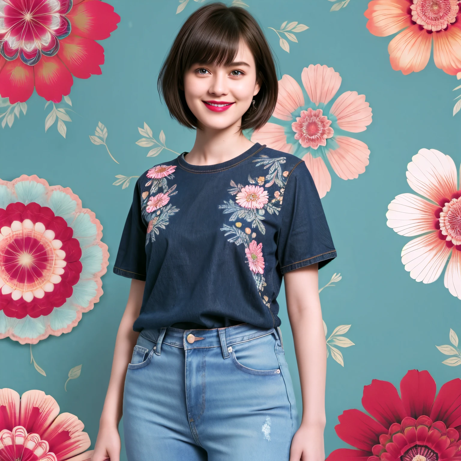 239 18-year-old female, short hair, (Jeans andＴ-shirt), A kind smile, lipstick, (Floral Background、Fractal Patterns)
