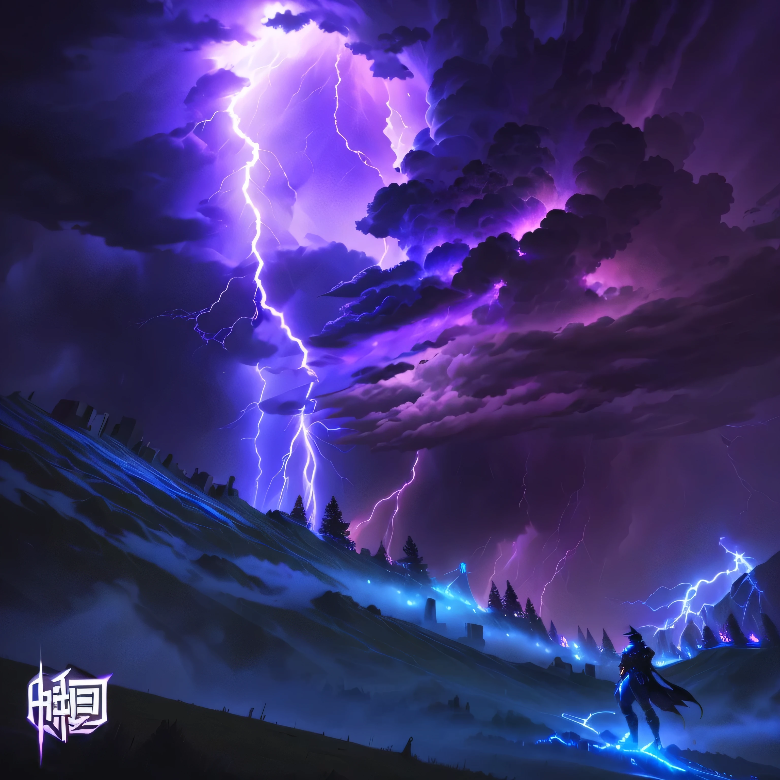 Anime-style scenes，A man stands on a hill，Background with purple and blue swirls, Screenshot of Fortress Heroes, dark night storm clouds, Epic clouds and divine lights, Stylized Storm, Detailed lights and thunder, Epic clouds and lights, Epic Lightning, Explosive Lightning Spell, epic vibrant lighting, Lightning Effect, The storm of all storms