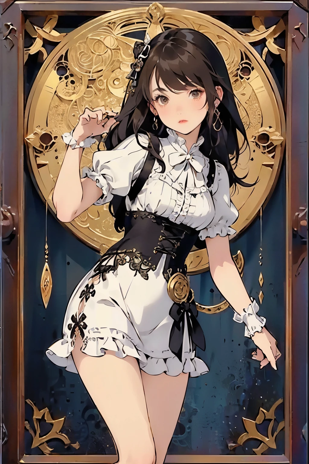 ((best quality)), ((masterpiece)), (detailed), perfect face ((best quality)), ((masterpiece)), (detailed), blank white background, plain background, white background, Bloodborne inspired, occult aesthetic, occult, detailed and intricate steampunk and detailed gothic, (zentangle, mandala, tangle, entangle), NSFW, a beautiful goddess adorned and enshrined in armour, Bloodborne inspired , occult aesthetic , occult , detailed and intricate steampunk and detailed gothic , wielding a sword and holding a shield, Fluttering lace flared short dress with frilly petticoats, beautiful small breasts, small breasts, full body, whole body, body,
