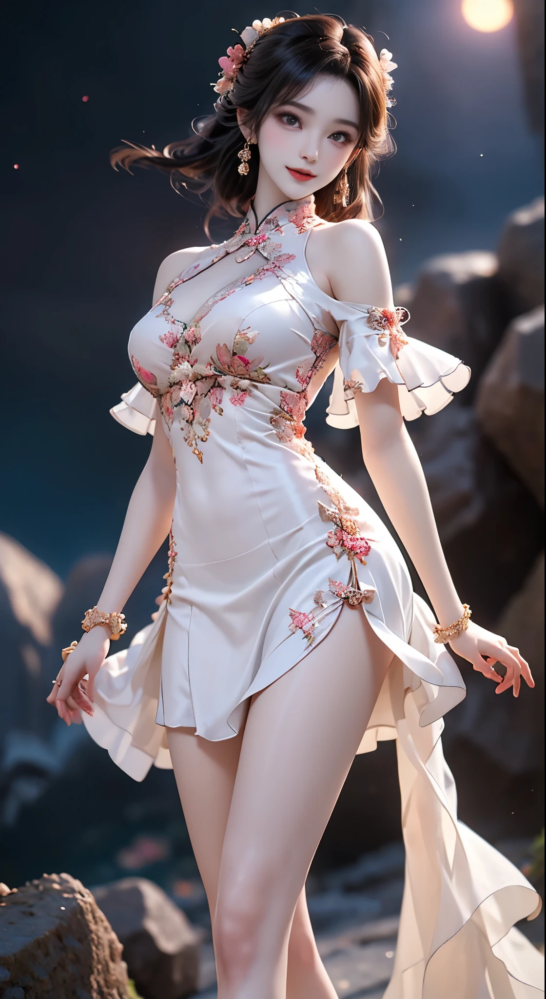 newchinesestylesuit, ((Bare shoulders)), ((whole body)), Practical, Fashion Girl, red lips, Mature women, cosmetic, big eyes, beautiful eyes, ((whole body)), ((from below)), (best quality, masterpiece:1.2), Super detailed, (Practical:1.37), ((Sexy long legs)), beautiful, Young and energetic, Charming model with, Large Breasts, cleveage, (Delicateeyes, Detailed lips, extremely Delicateeyes), Show a bright smile, Create stunning girl images, warm color, Extremely high color saturation, Official Art, Extremely detailed CG unified 8k wallpaper,(High Dynamic Range :1.4), (Movie),(Soft colors, Dull Color, Soothing tone :1.3), (Natural skin texture, ultra-Practical, Soft Light, sharp),(Very detailed), night, moonlight, ((In the mountains, plant, Leaning against the rocks))