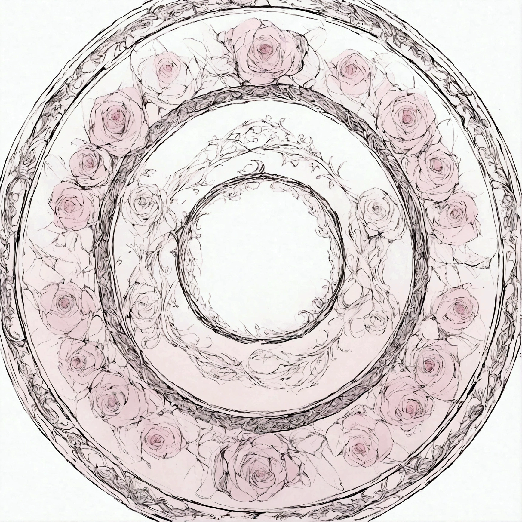 Circular pattern,Classical Rose Line Drawing,Pink roses,Smooth and clear edges,
