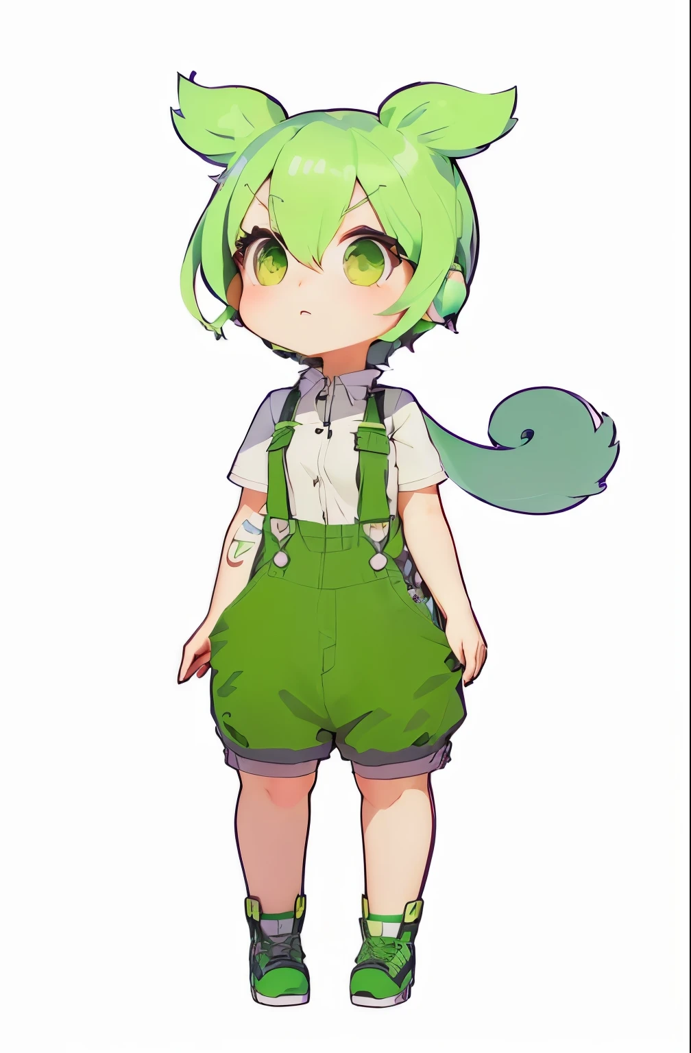 Cartoon girl with green hair and green overalls, , Short full body portrait!, shirabii, , hatsune miku short hair, Anime Moe Art Style, 3D Sprites, Employable personality, Cute Characters, Possibility of whole body use, Anime Style, Sprite 3D, Anime Styleキャラクター, Stylized anime,Realistic、photograph、