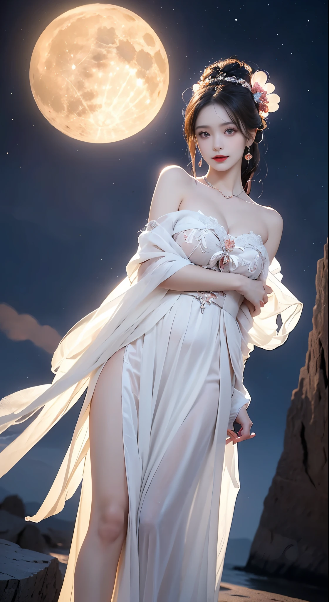 chang_e,hanfu,moon,((Bare shoulders)), ((whole body)), Practical, Fashion Girl, red lips, Mature women, cosmetic, big eyes, beautiful eyes, ((whole body)), ((from below)), (best quality, masterpiece:1.2), Super detailed, (Practical:1.37), ((Sexy long legs)), beautiful, Young and energetic, Charming model with, Large Breasts, cleveage, (Delicateeyes, Detailed lips, extremely Delicateeyes), Show a bright smile, Create stunning girl images, warm color, Extremely high color saturation, Official Art, Extremely detailed CG unified 8k wallpaper,(High Dynamic Range :1.4), (Movie),(Soft colors, Dull Color, Soothing tone :1.3), (Natural skin texture, ultra-Practical, Soft Light, sharp),(Very detailed), night, moonlight, ((In the mountains, plant, Leaning against the rocks))