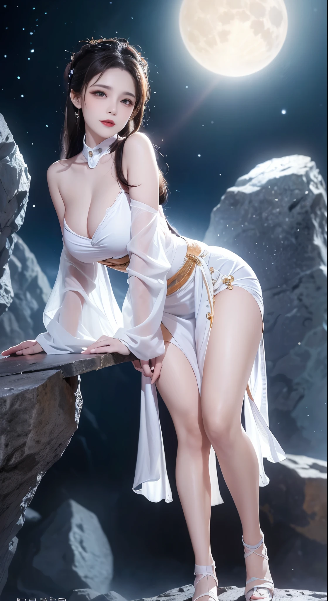 chang_e,hanfu,moon,((Bare shoulders)), ((whole body)), Practical, Fashion Girl, red lips, women, cosmetic, big eyes, beautiful eyes, ((whole body)), ((from below)), (best quality, masterpiece:1.2), Super detailed, (Practical:1.37), ((Sexy l legs)), beautiful, Young and energetic, Charming model with, Large Breasts, e, (Delicateeyes, Detailed lips, extremely Delicateeyes), Show a bright smile, Create stunning girl images, warm color, Extremely high color saturation, Official Art, Extremely detailed CG unified 8k wallpaper,(High Dynamic Range :1.4), (Movie),(Soft colors, Dull Color, Soothing tone :1.3), (Natural skin texture, ultra-Practical, Soft Light, sharp),(Very detailed), night, moonlight, ((In the mountains, plant, Leaning against the rocks))