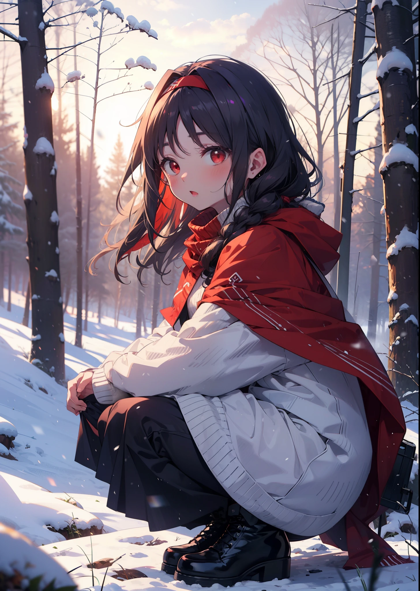 yuukikonno, Yuki Konno, hair band, Long Hair, Pointed Ears, Purple Hair, (Red eyes:1.5), (Small breasts:1.2),blush,White Breath, Open your mouth,snow, Bonfire, Outdoor, boots, snowing, From the side, 地面でBonfireをしている,wood, suitcase, Cape, Blurred, forest,  nature, Brown eyes, , Squat, Mouth closed, ,Cape, winter, Written boundary depth, Black shoes, red Cape
break looking at viewer, Upper Body, whole body,
break Outdoor, forest, nature,
break (masterpiece:1.2), highest quality, High resolution, unity 8k wallpaper, (shape:0.8), (Beautiful and beautiful eyes:1.6), Highly detailed face, Perfect lighting, Extremely detailed CG, (Perfect hands, Perfect Anatomy),