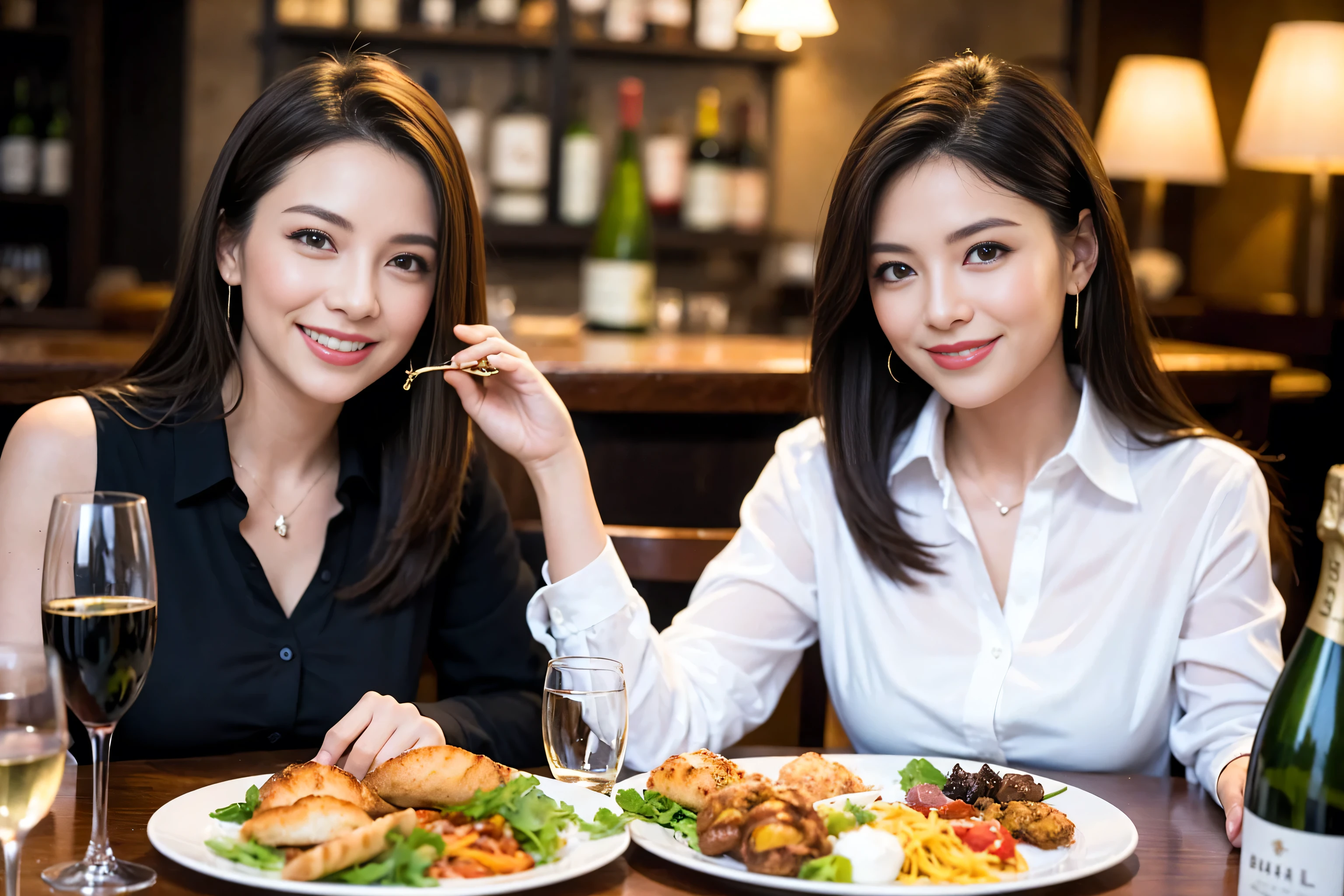 ((highest quality、8k、masterpiece:1.3))、1 male 1 female、lover、Beautiful couple、Smile、full-course dinner、 (Slim face), (the body is スリム), (Brown Hair), (Shortcuts), ((Bob Hale、Straight hair:1.2)), Wine glass on the table、shine a light on your face、 Amazing view of the sunset sky and clouds、The beauty of a smile、Bright image、Blushing, Shortcuts, (Age 35), 39 years old, Appetizers、Italian food、Wine bottle、Champagne、sparkling wine、Long sleeve shirt、dress、Attractive beauty、restaurant, Nova Frog Style, actress, model, Upper Body, White wine, red wine, wine glass,