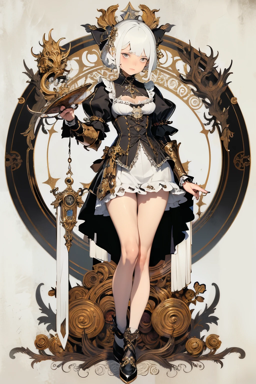((best quality)), ((masterpiece)), (detailed), perfect face ((best quality)), ((masterpiece)), (detailed), blank white background, plain background, white background, Bloodborne inspired,  occult aesthetic, occult, detailed and intricate steampunk and detailed gothic, (zentangle, mandala, tangle, entangle),  NSFW, a beautiful goddess adorned and enshrined in armour, Bloodborne inspired , occult aesthetic , occult , detailed and intricate steampunk and detailed gothic , wielding a sword and holding a shield, Fluttering lace flared short dress with frilly petticoats, beautiful small breasts, small breasts, full body, whole body, body, 
