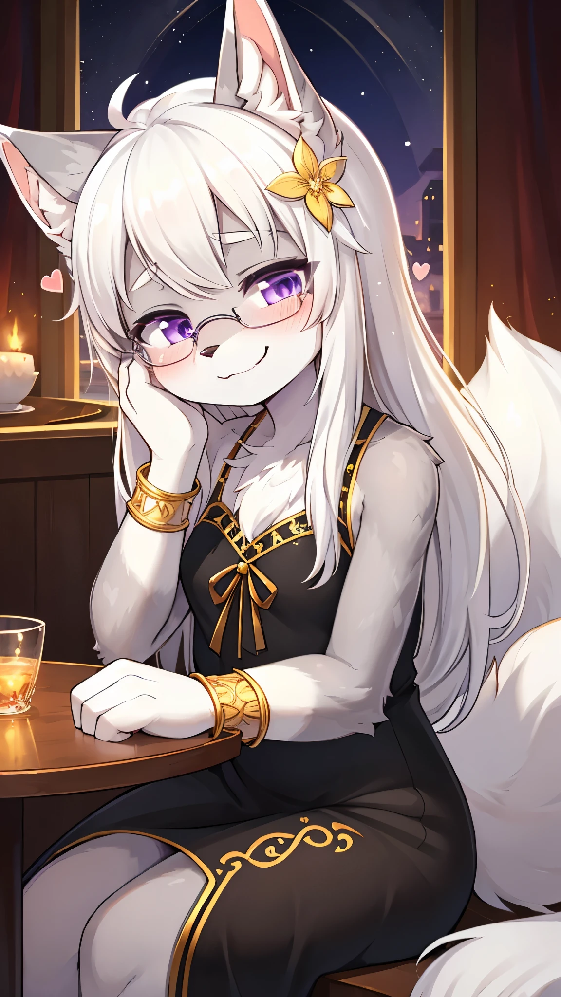 best quality,best resolution,(fluffy anthro furry :1.6),(young :1.6),cat girl,flat chest,(white hair :1.6),long hair,wavy hair,purple eyes,glistering eyes,sparkle eyes,ultra detailed eyes,(grey fur :1.6),(black dress with gold embroidery),glasses,flower hair ornaments,gold bracelets,gorgeous restaurant,chanderia,night,sparkle stars surrounded,romantic light,full face blush,looking at viewer,heart expression eyes,heart eyes,horny face,smile,very closed eyes,sitting,armpits,left side view,open mouth,fangs,one eye vlosed