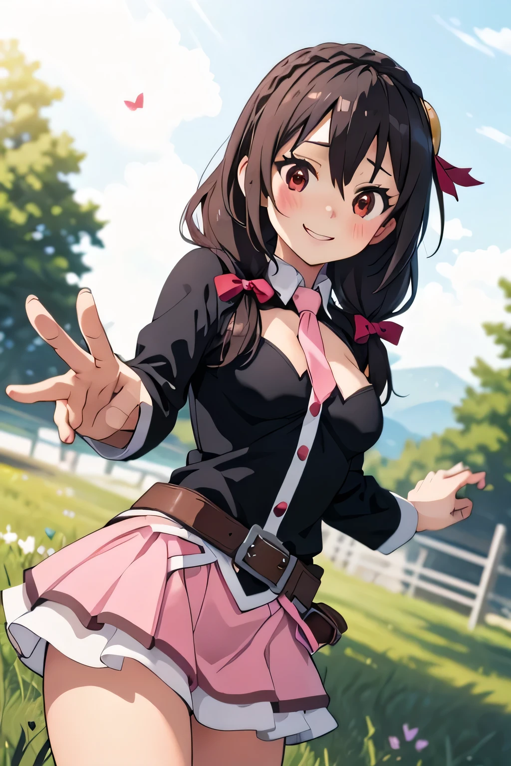 (masterpiece, highest quality), One girl, Yunyun,Long Hair,Braiding,Twin tails,Hair between the eyes,Hair Ribbon,hair ornaments,A little large chest Pink skirt、Red Eyes、The best smile、grass、blush:1.5、Crown Blade,Black Shirt, Long sleeve,Pink tie, belt, Cleavage cutout、cowboy shot、Grab the hem of your skirt with one hand、Skirt fluttering、Pink pants are visible、View from below:1.5
