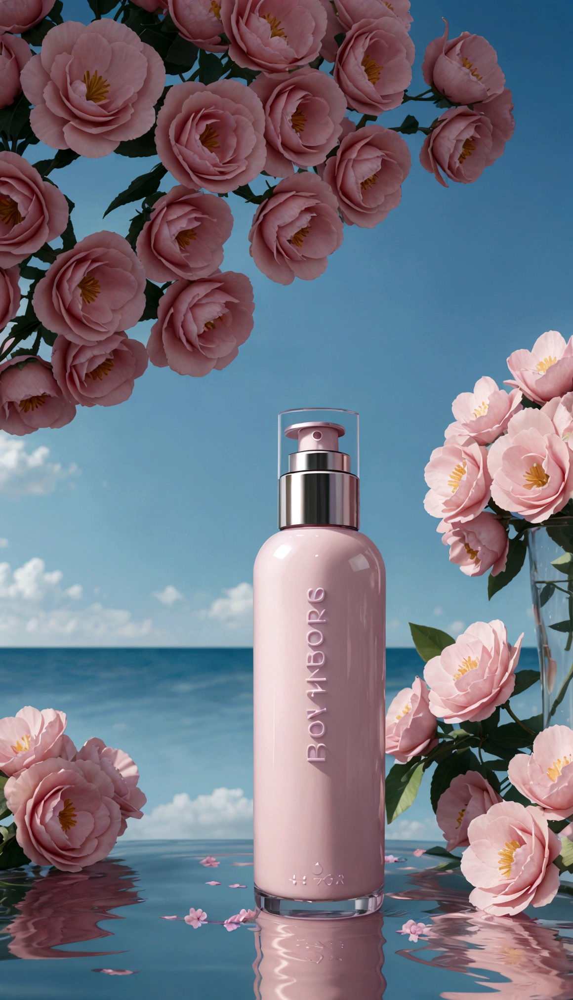Super realistic scene, makeup bottle, surrounded by pink flowers wrapped around, blue sky background, water, sunlight, low perspective, blender, product rendering, HD 8K。 --v6