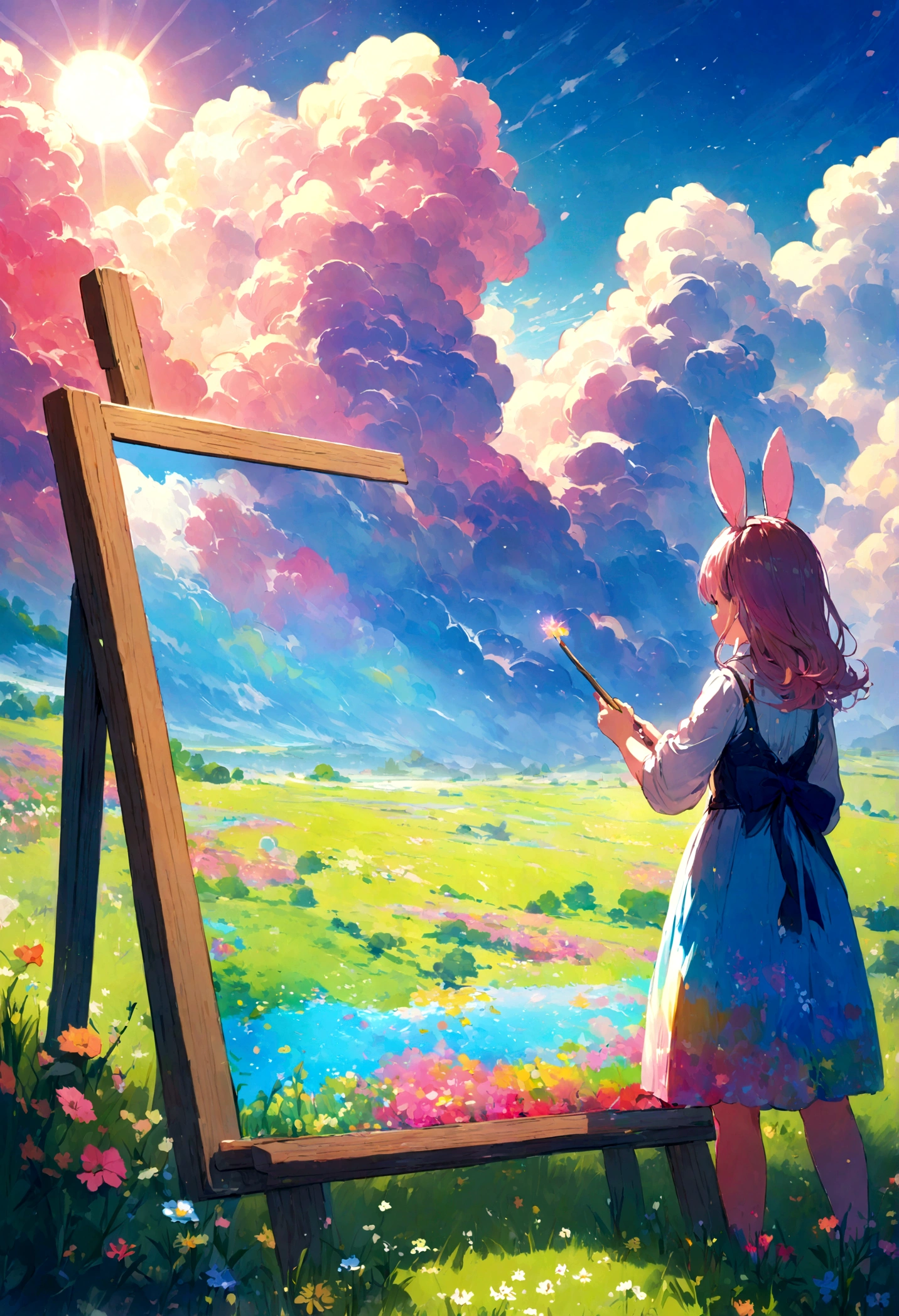 A whimsical rabbit artist painting a colorful landscape on a canvas in a sunny meadow.