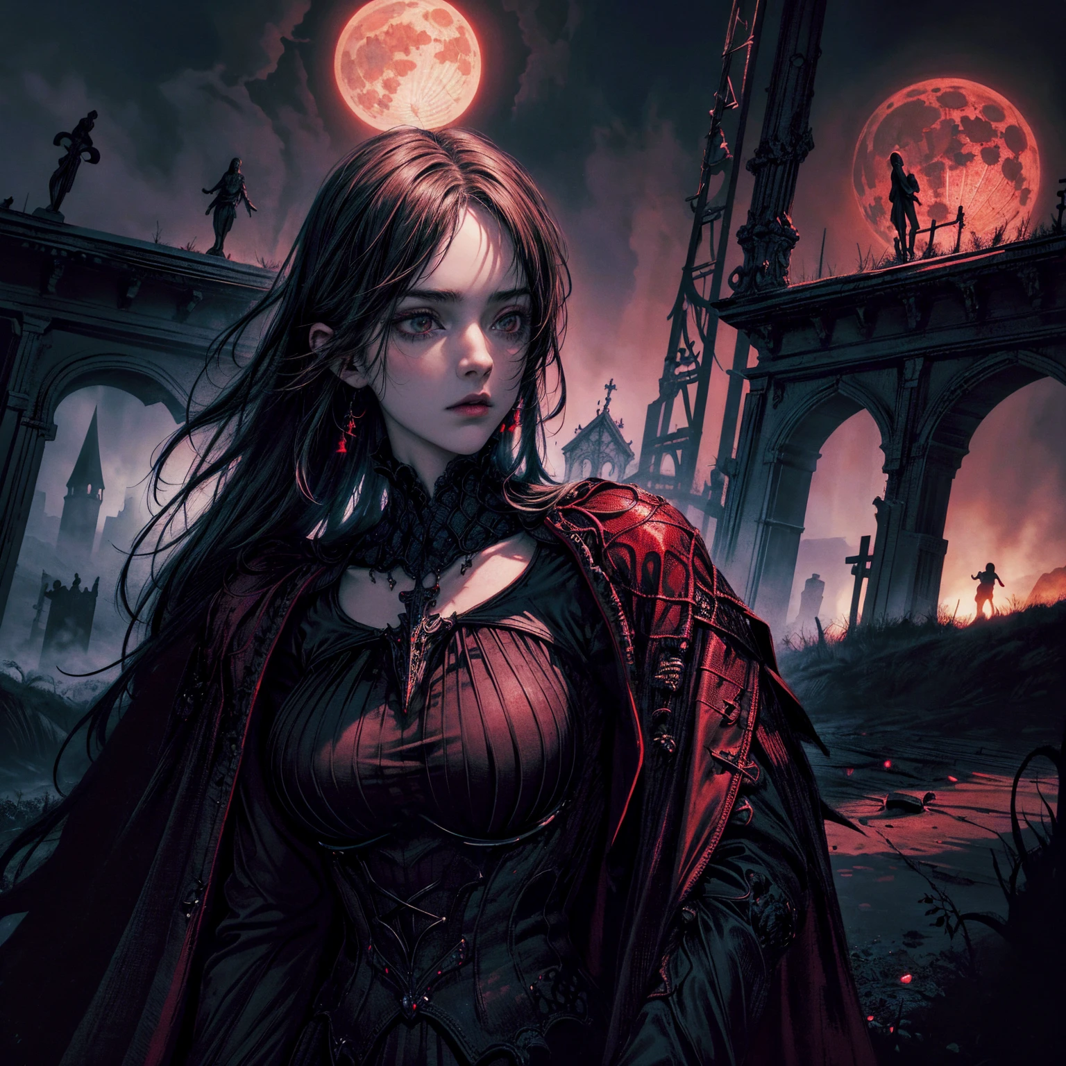 best quality, 4k, high resolution, masterpiece:1.2, Very detailed, actual:1.37, Mood lighting, girl, Crucified, Pitch black sky, Red Moonlight, strange atmosphere, Gothic style, Unforgettable beauty, Dramatic shadows, Ethereal Light, Mysterious atmosphere.