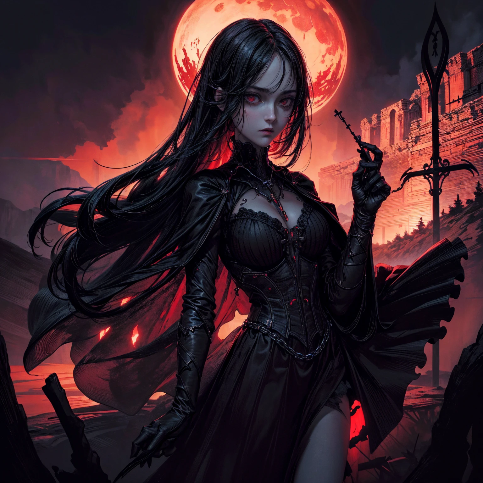 best quality, 4k, high resolution, masterpiece:1.2, Very detailed, actual:1.37, Mood lighting, girl, Crucified, Pitch black sky, Red Moonlight, strange atmosphere, Gothic style, Unforgettable beauty, Dramatic shadows, Ethereal Light, Mysterious atmosphere.