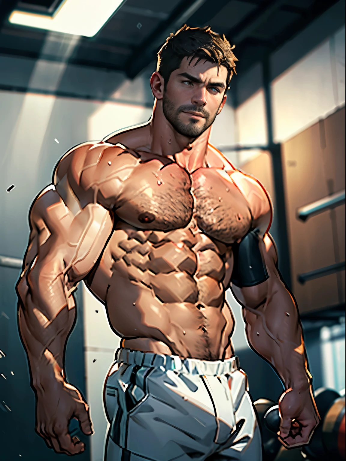 NSFW , Masterpiece, realistic, best quality,40-year-old Chris Redfield TOTALLY NAKED , short SHORT hair, big expressive eyes, mature man with bodybuilding physique, stubble, white, inch-defining abs, exaggerated muscle definition,SHOWING COCK AND BALLS , huge muscles, muscle swelling visible, bodybuilding focused, pectoral muscles bulging, abs visible, on a giant drum in a gym setting, natural light illuminating his wet BODY , glistening body,jumping into a mid-air pose, red carp scattered on the gym