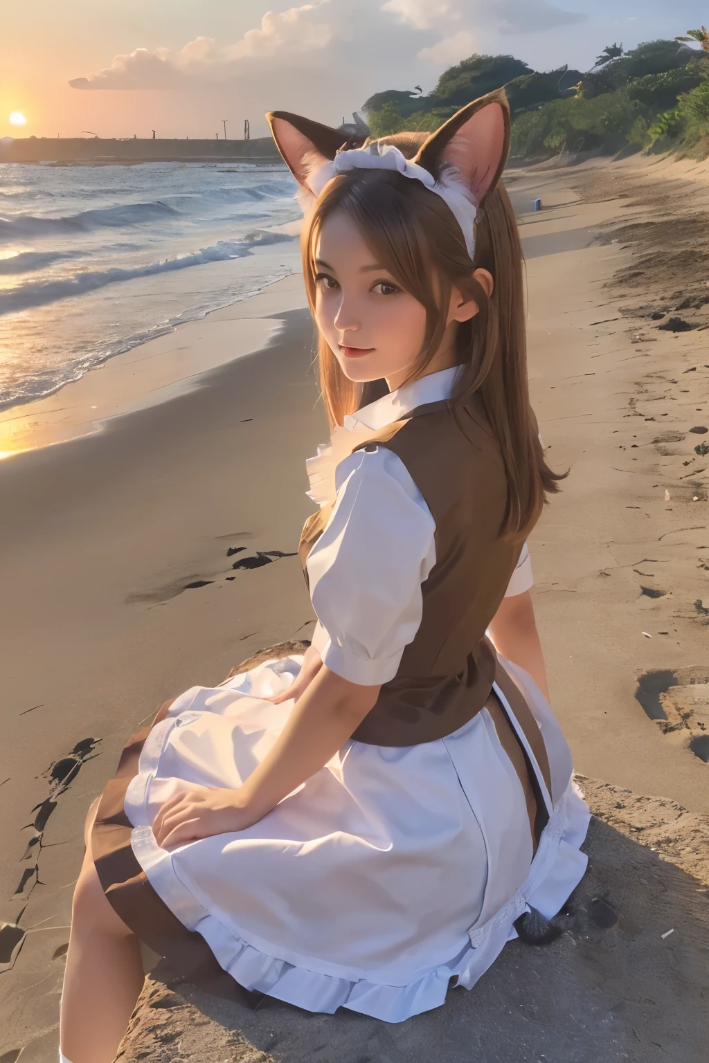 (Beautiful women 20yo:1.5), (Light brown hair), brown eyes,(Cat ears:1.3), (maid uniform:1.4), Sitting in sundown seashore, 