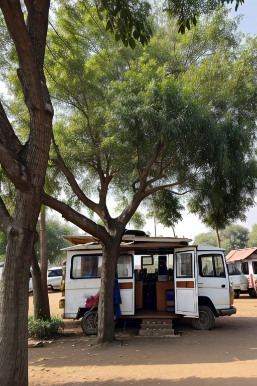 There is a mobile phone shop under a tree in a village in India.