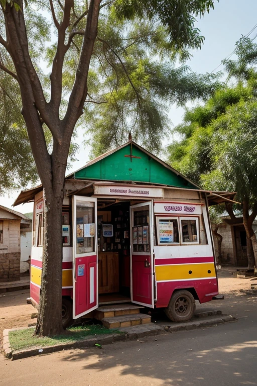 There is a mobile phone shop under a tree in a village in India.