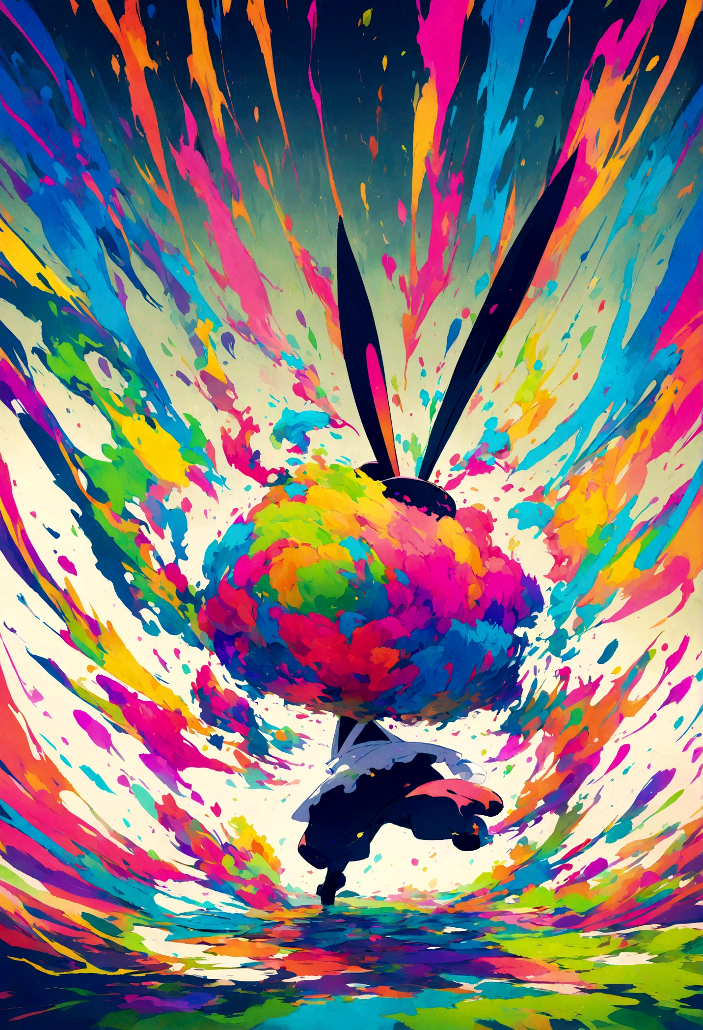 A cartoon bunny wearing a beret and apron, masterfully creating an abstract piece with vibrant paints.