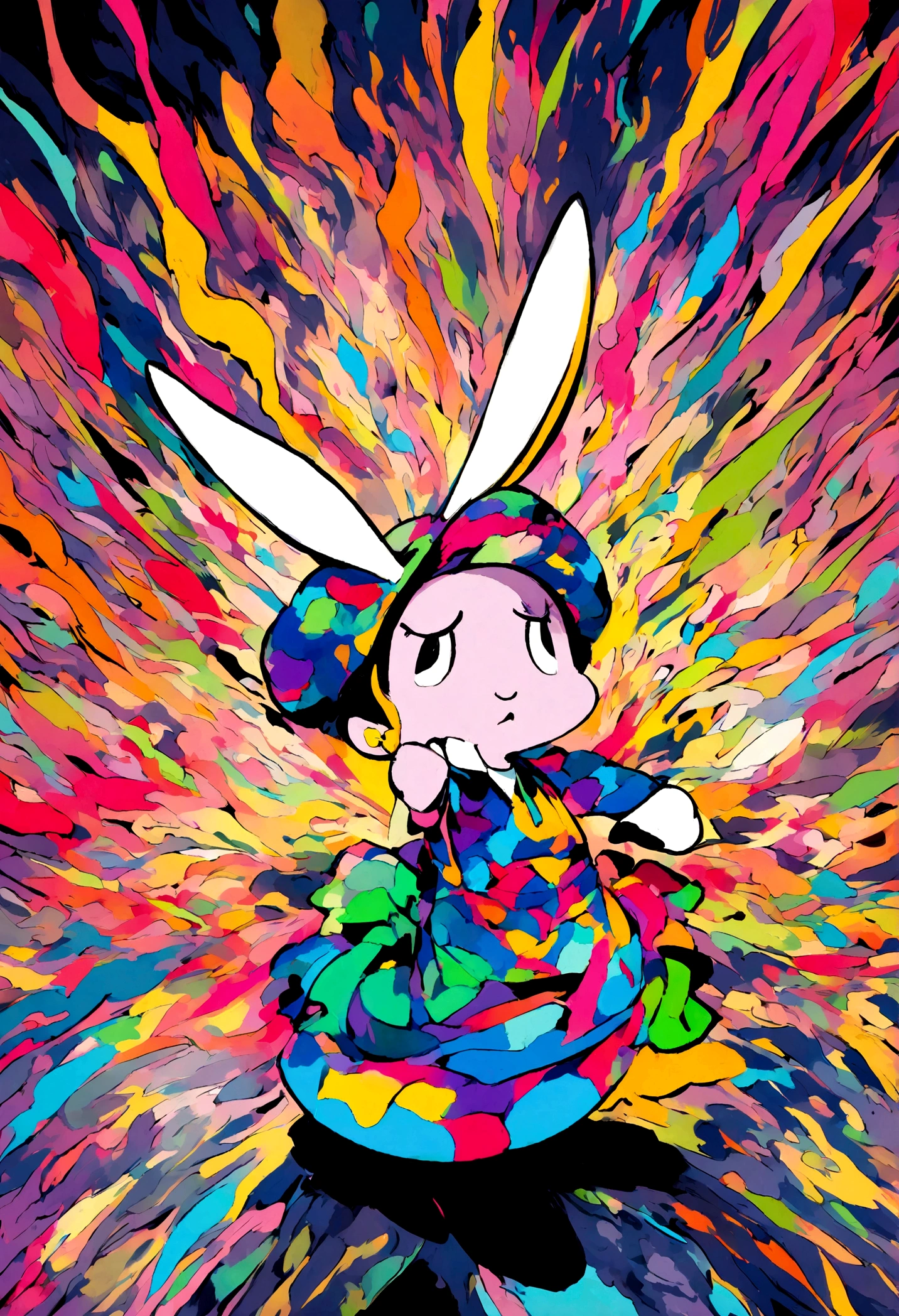 A cartoon bunny wearing a beret and apron, masterfully creating an abstract piece with vibrant paints.