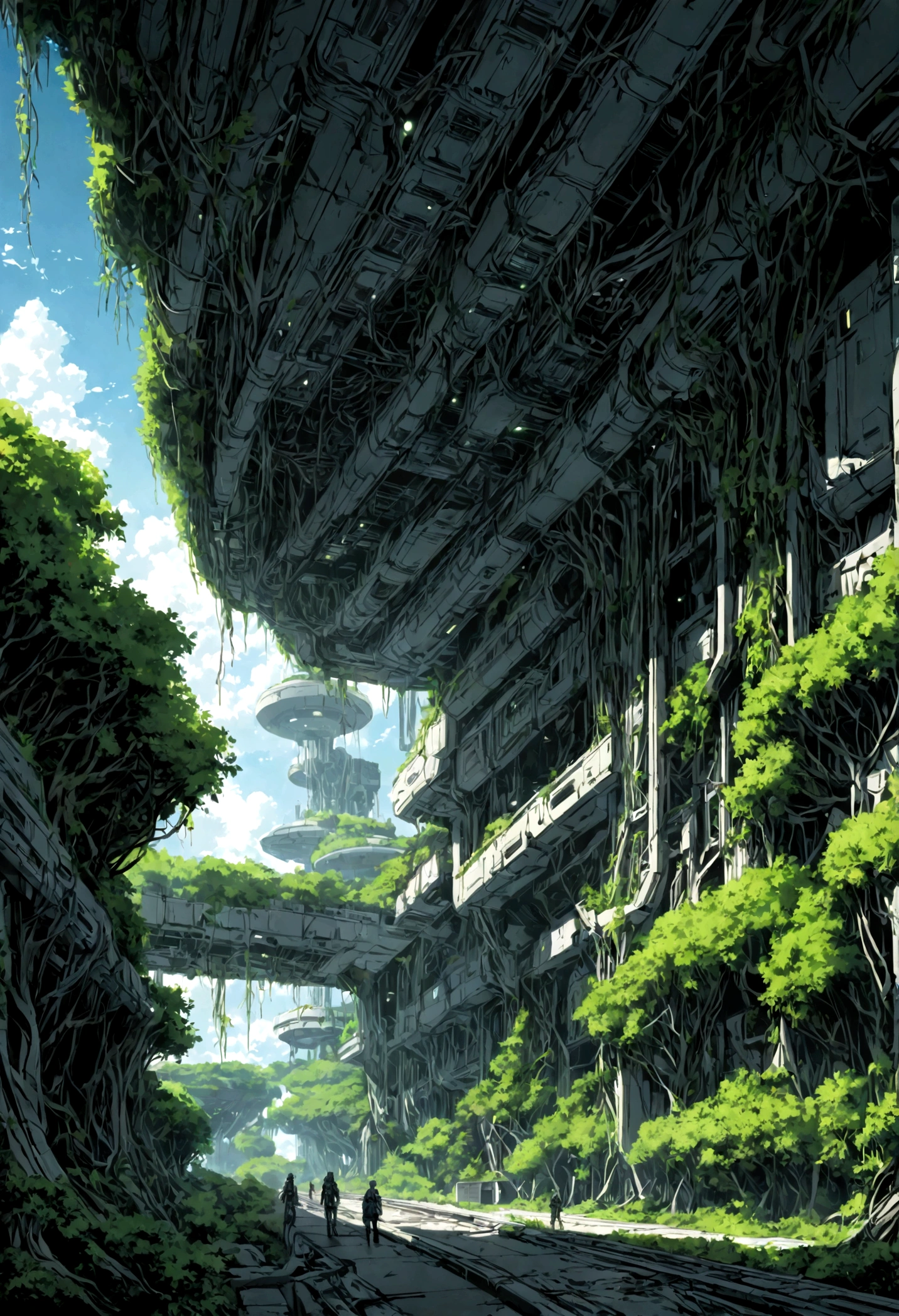 lush vegetation inside a huge sci-fi space station, trees with roots braid the walls, vegetation, gigantism, sci-fi multistory space, in the background of endless space, location, dusk, dystopian environment, game art, Tsutomu Nihei style, Blame!, Sidonia no Kishi, anime, manga graphics, drawing, lots of small details, hyperdetail, highest quality, highest detail, flashing lighting, ambient lighting, third person view,