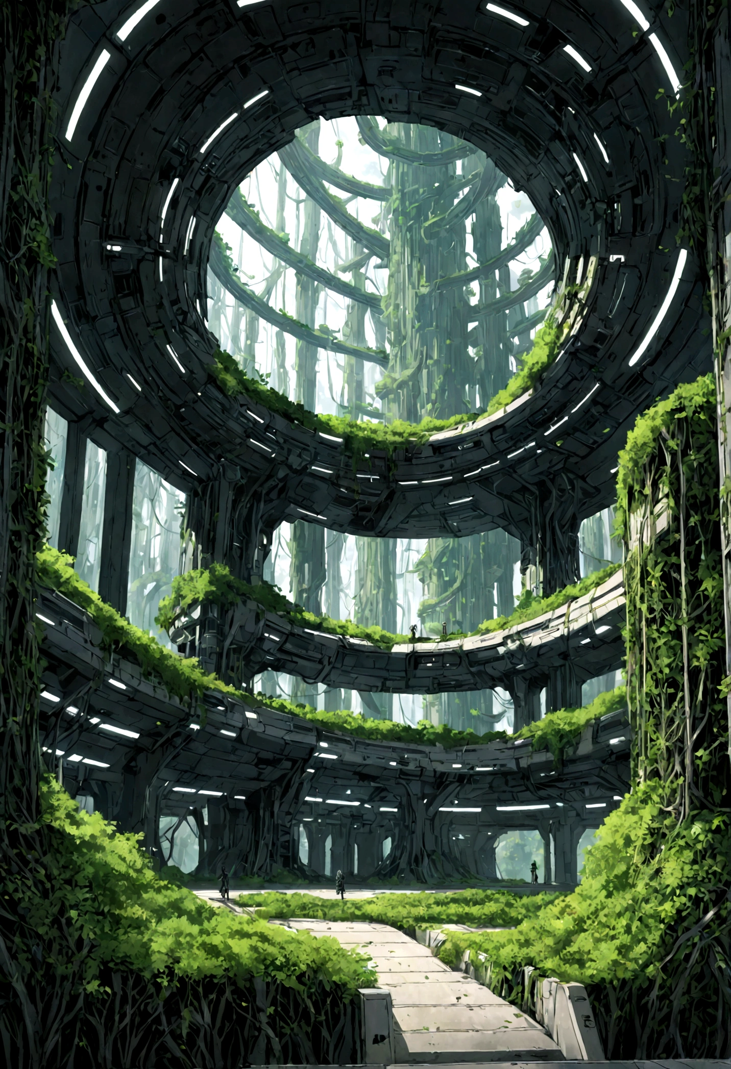 lush vegetation inside a huge sci-fi space station, trees with roots braid the walls, vegetation, gigantism, sci-fi multistory space, in the background of endless space, location, dusk, dystopian environment, game art, Tsutomu Nihei style, Blame!, Sidonia no Kishi, anime, manga graphics, drawing, lots of small details, hyperdetail, highest quality, highest detail, flashing lighting, ambient lighting, third person view, 