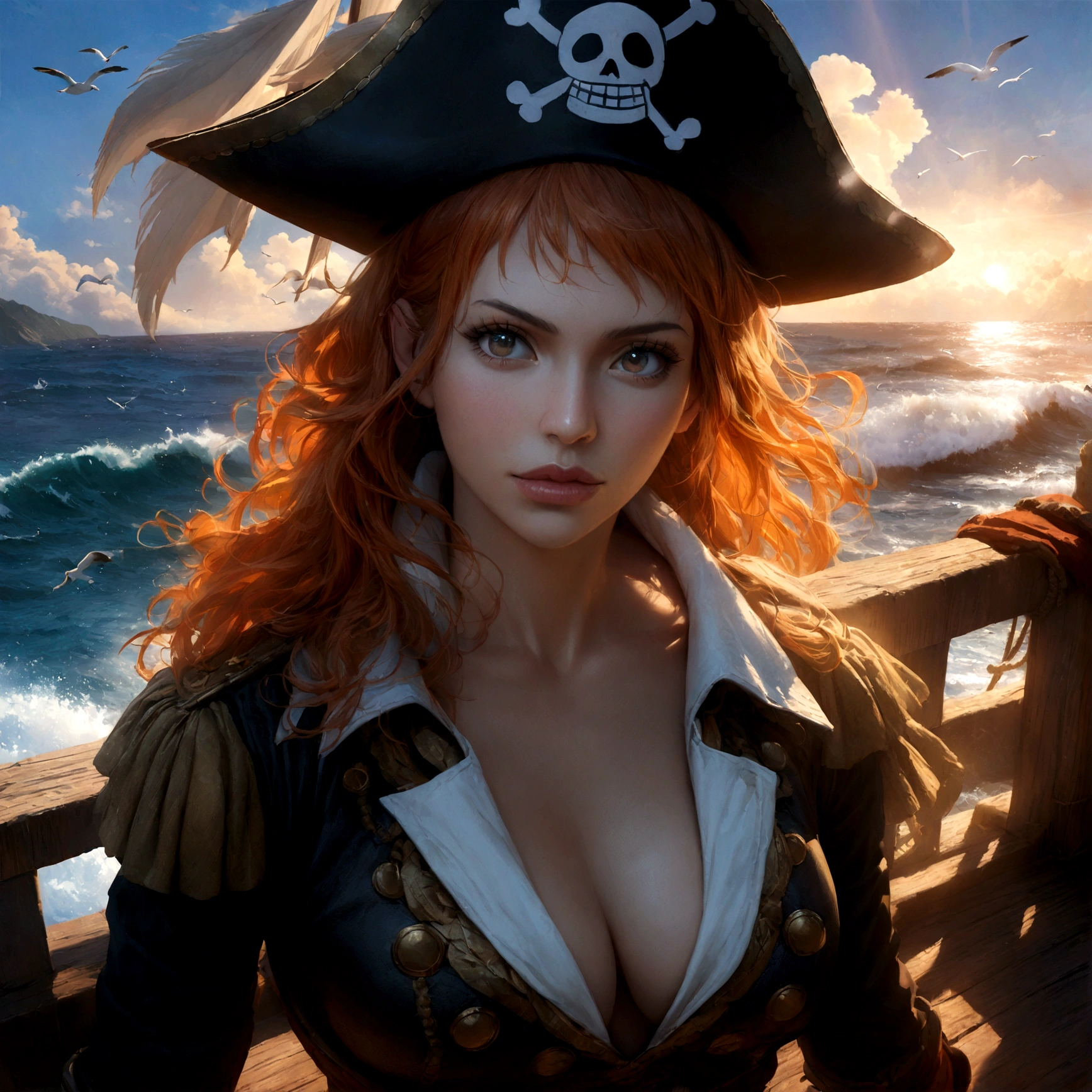 masterpiece, high quality, detailed, realistic, photorealistic, 1girl, nami from one piece, standing on a pirate ship, looking at the horizon, sea, ocean, blue sky, white clouds, sunlight, detailed face, beautiful eyes, long eyelashes, detailed nose, detailed lips, detailed hair, orange hair, pirate outfit, pirate hat, pirate ship, wooden ship, waves, seagulls, coastal landscape, dramatic lighting, vivid colors, cinematic composition, intricate details, professional art