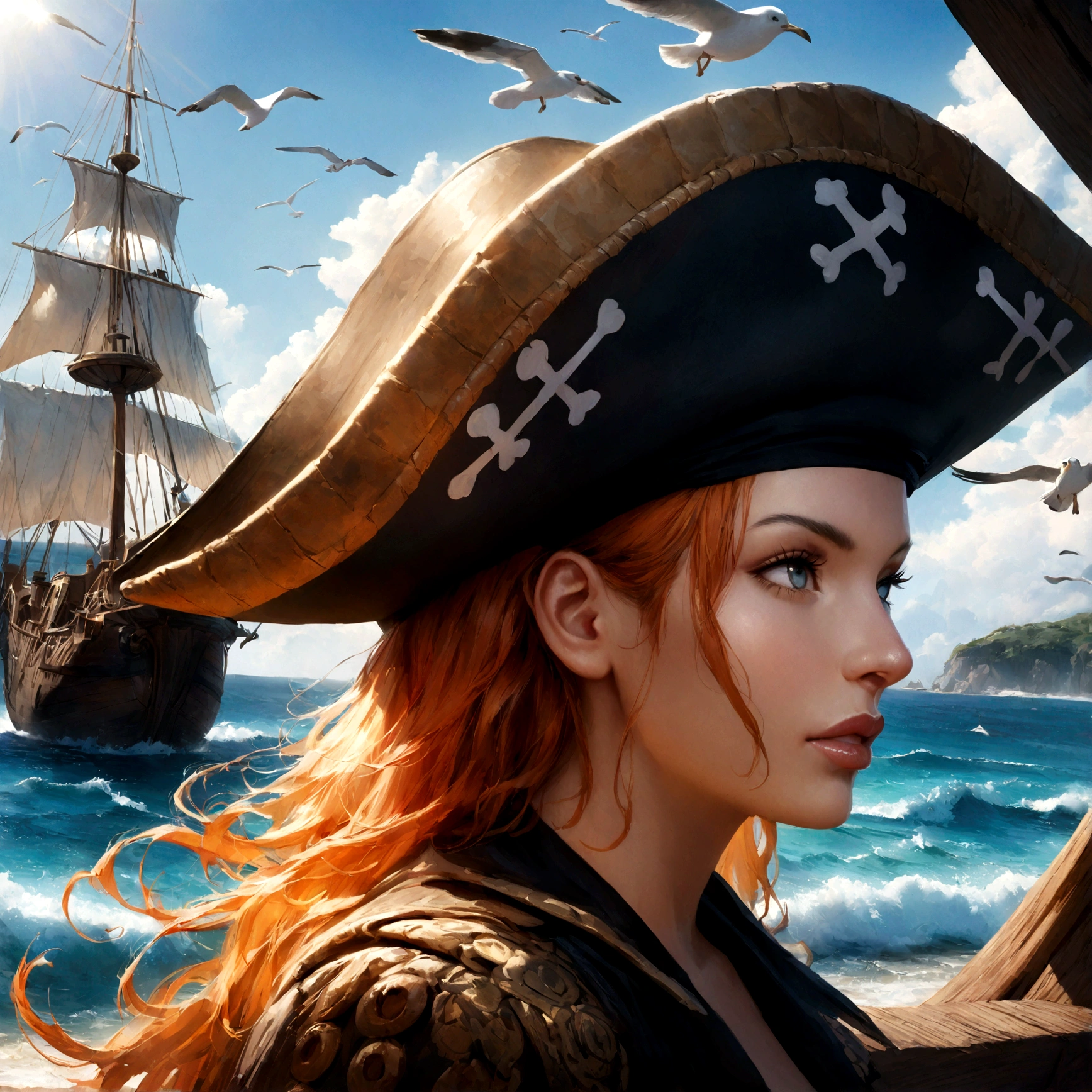 masterpiece, high quality, detailed, realistic, photorealistic, 1girl, nami from one piece, standing on a pirate ship, looking at the horizon, sea, ocean, blue sky, white clouds, sunlight, detailed face, beautiful eyes, long eyelashes, detailed nose, detailed lips, detailed hair, orange hair, pirate outfit, pirate hat, pirate ship, wooden ship, waves, seagulls, coastal landscape, dramatic lighting, vivid colors, cinematic composition, intricate details, professional art