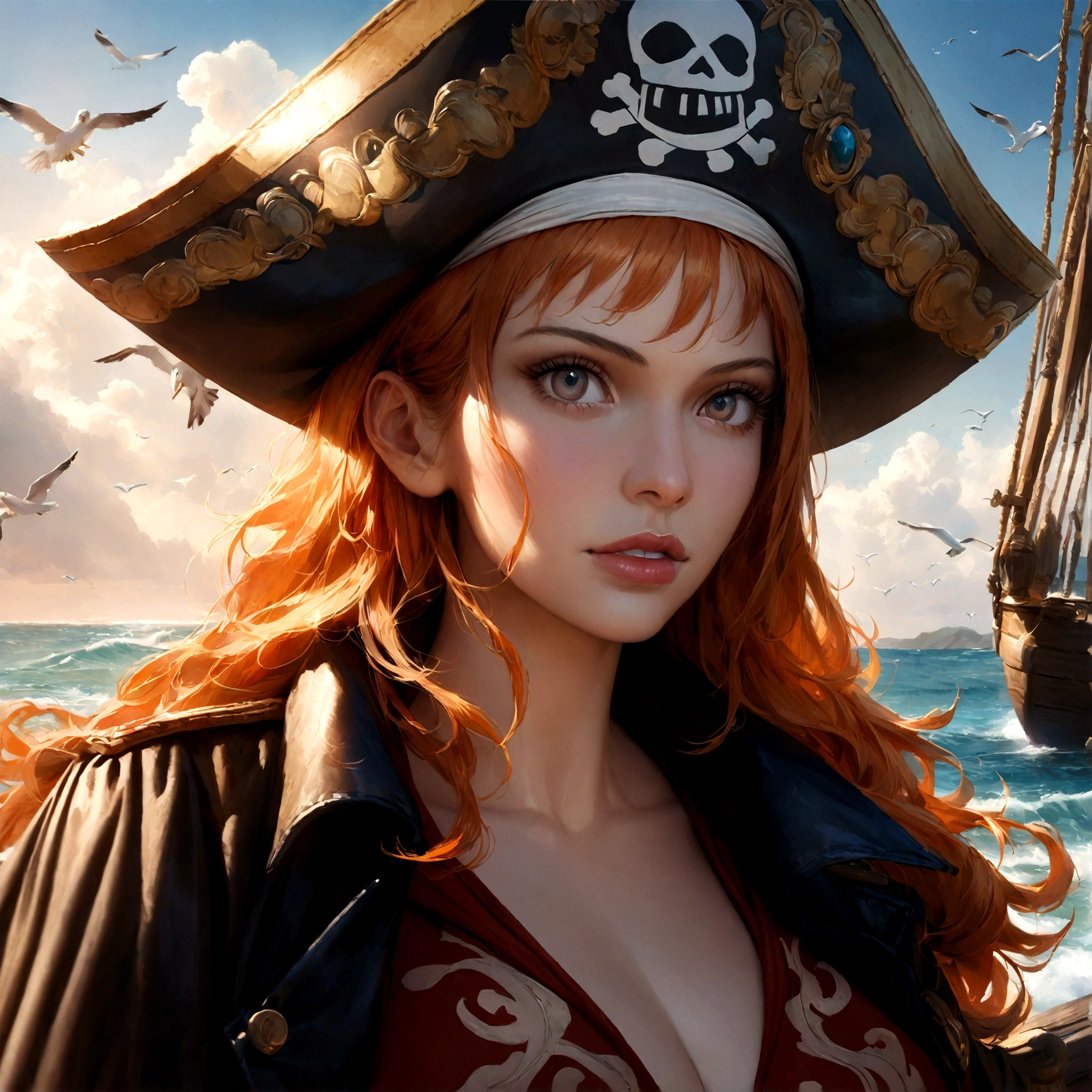 masterpiece, high quality, detailed, realistic, photorealistic, 1girl, nami from one piece, standing on a pirate ship, looking at the horizon, sea, ocean, blue sky, white clouds, sunlight, detailed face, beautiful eyes, long eyelashes, detailed nose, detailed lips, detailed hair, orange hair, pirate outfit, pirate hat, pirate ship, wooden ship, waves, seagulls, coastal landscape, dramatic lighting, vivid colors, cinematic composition, intricate details, professional art
