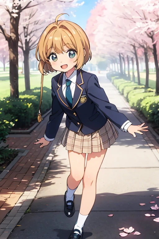 masterpiece, highest quality, High resolution,kawaii, anime, Cute,Cherry blossom park,1 boy dressed as a woman, Age is 8 ,Are standing,short bob hair,chestnut hair,navy blazer with trim,Plaid tie,plaid skirt,wearing socks,Wearing school-designated pumps,happy expression,soft atmosphere, Solid depiction of shadows, Light production, Have a positive vibe,The left and right legs are the same length,2 legs,5 fingers on hand,full body portrait,Beautiful background,looking at the camera