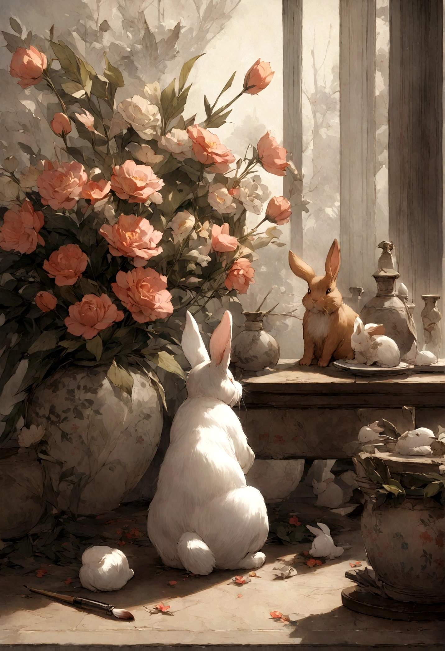 An imaginative scene of a rabbit with a paintbrush in paw, delicately adding the finishing touches to a floral still life.