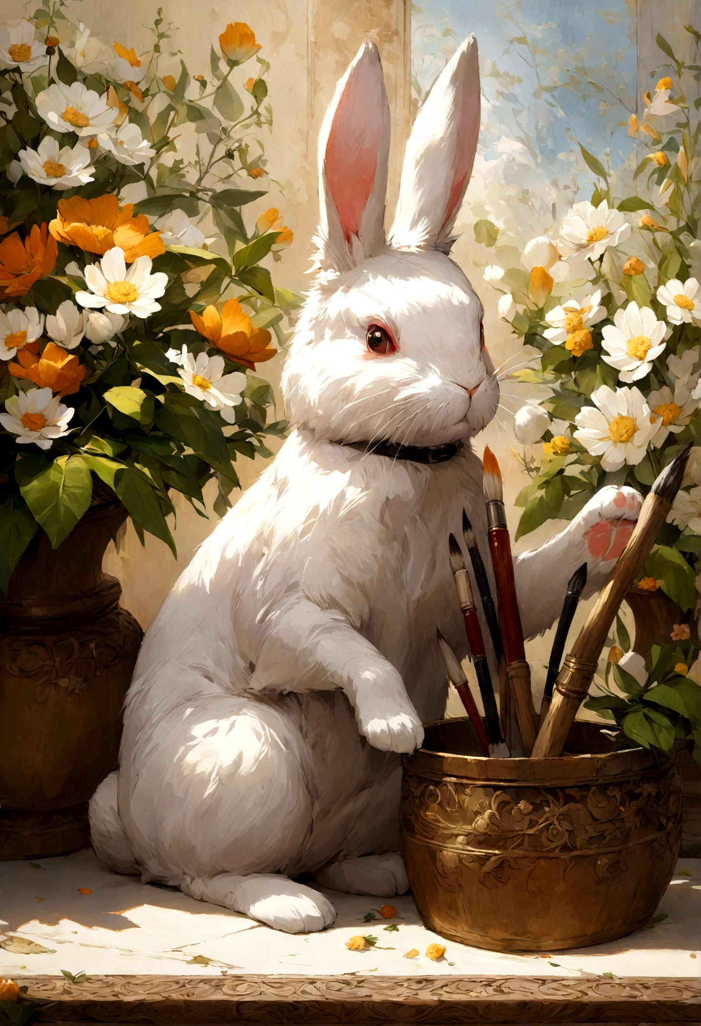 An imaginative scene of a rabbit with a paintbrush in paw, delicately adding the finishing touches to a floral still life.