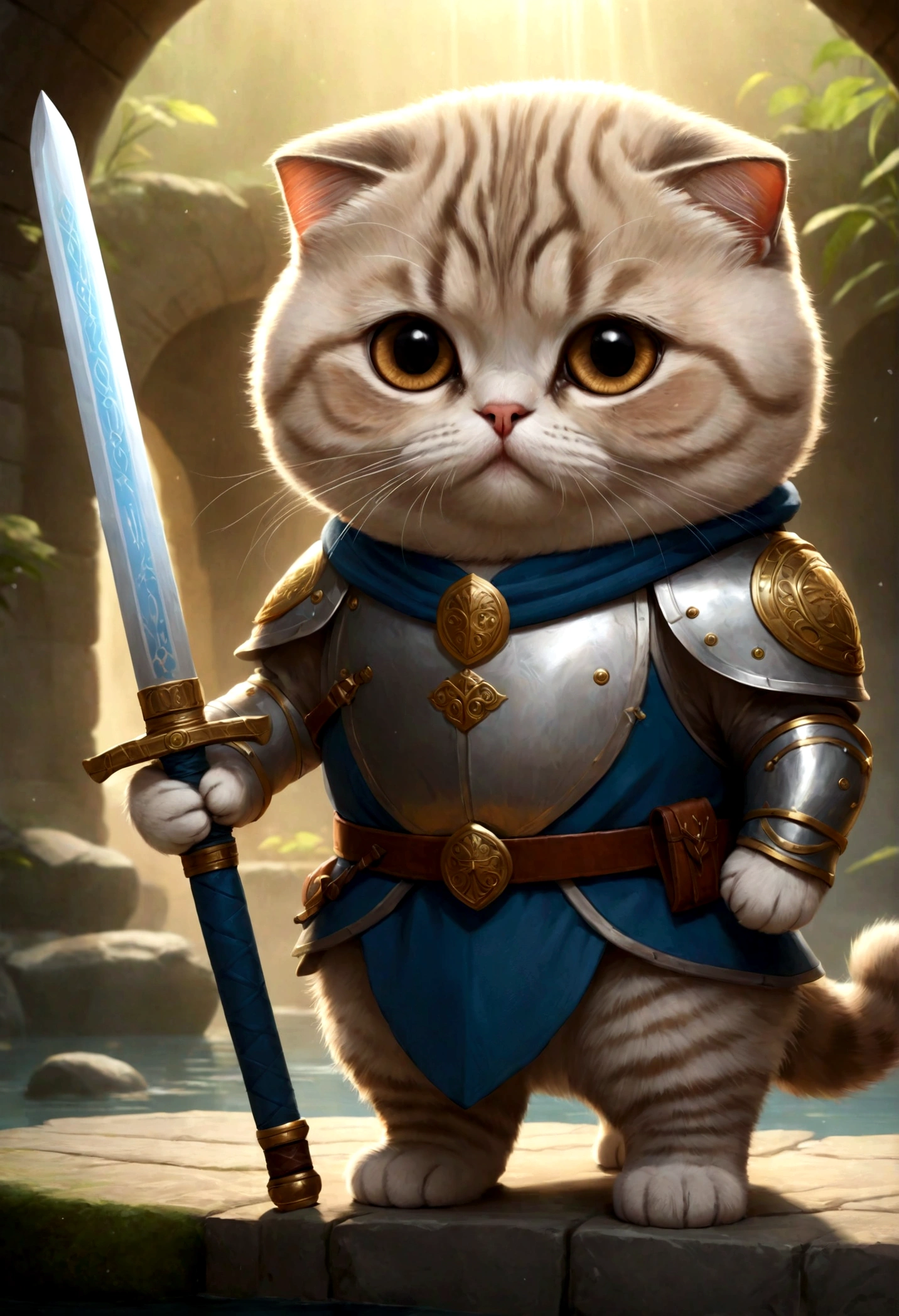 cute adorable Scottish Fold cat with a round and puffy body, Paladin with sword, hot spring, write word "UNC" on forehead, adorable digital painting, realistic fantasy art, beautiful digital art