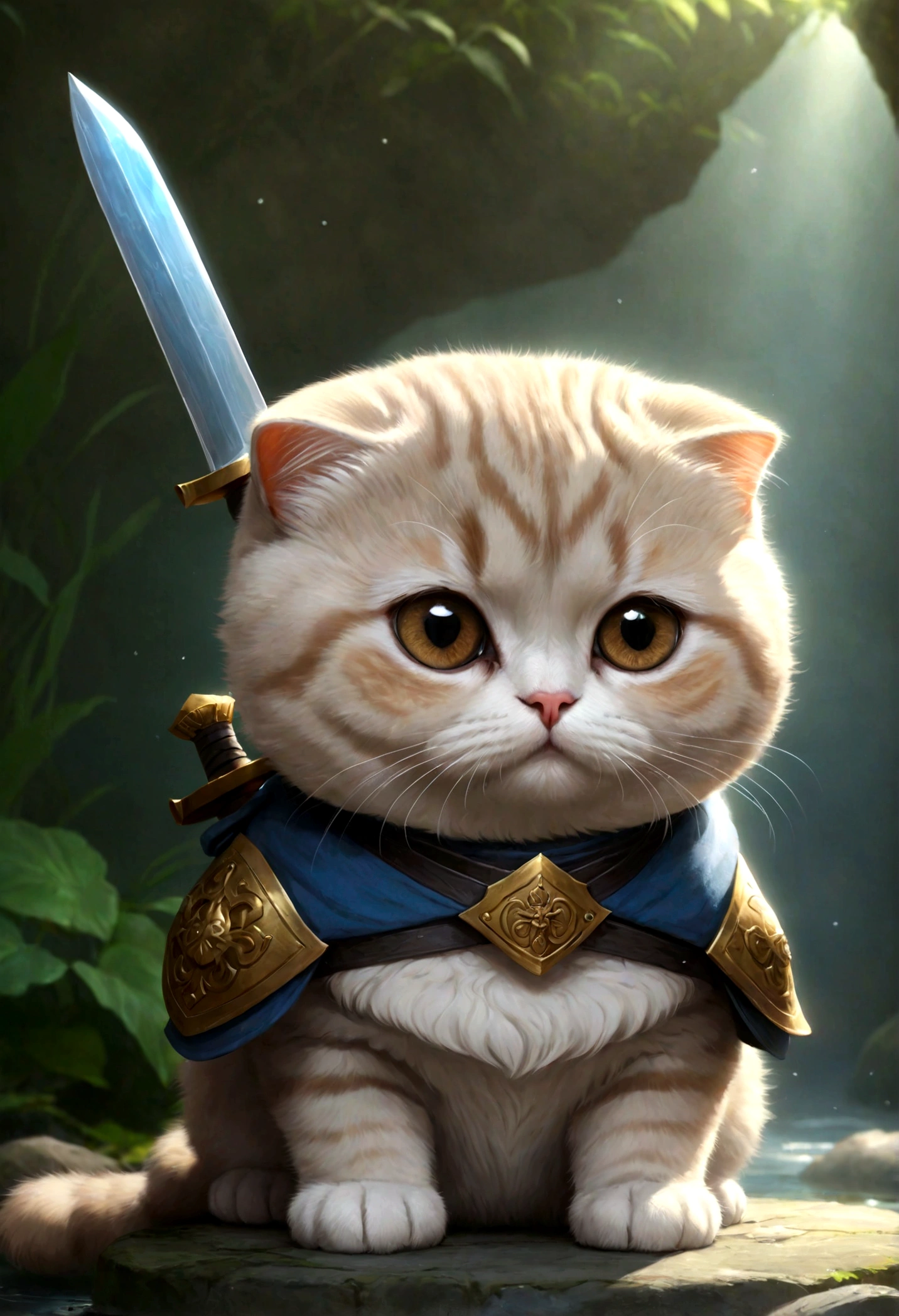 cute adorable Scottish Fold cat with a round and puffy body, Paladin with sword, hot spring, write word "UNC" on forehead, adorable digital painting, realistic fantasy art, beautiful digital art