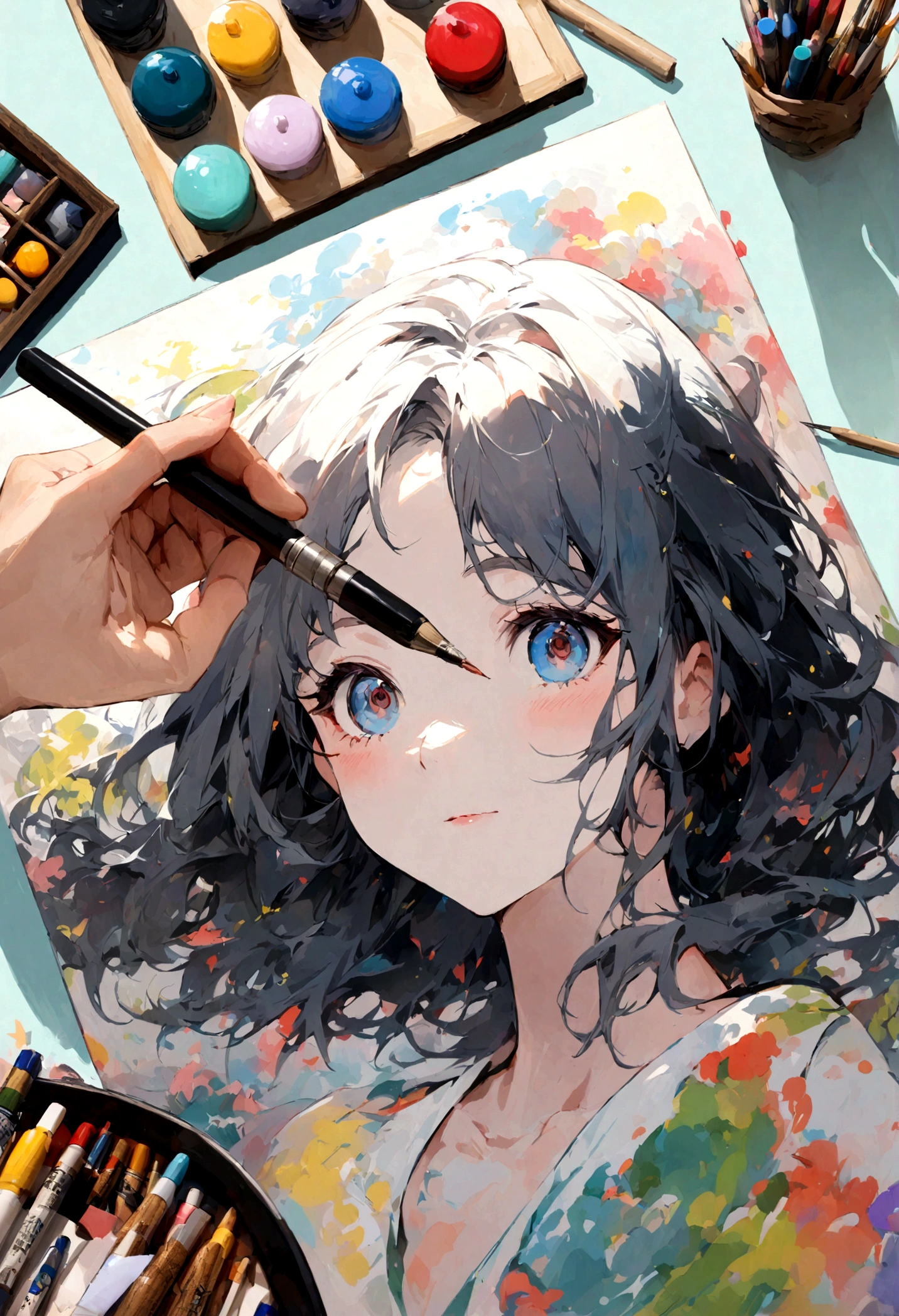 A skilled rabbit painter in a studio, surrounded by art supplies, working on a detailed portrait with focus and precision.