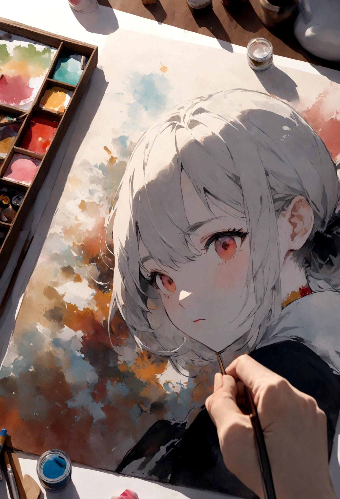 A skilled rabbit painter in a studio, surrounded by art supplies, working on a detailed portrait with focus and precision.