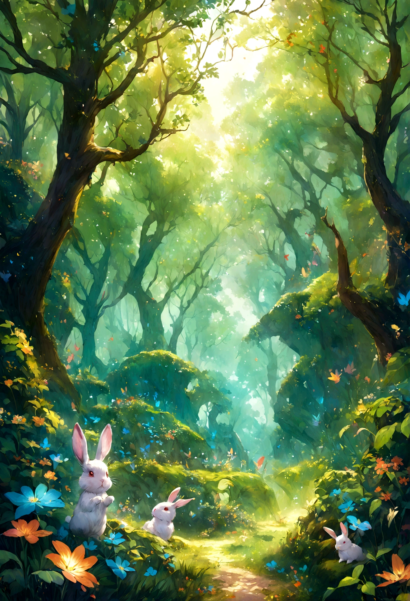 A fantasy illustration of a rabbit in an enchanted forest, using magical paints to bring the scenery to life.